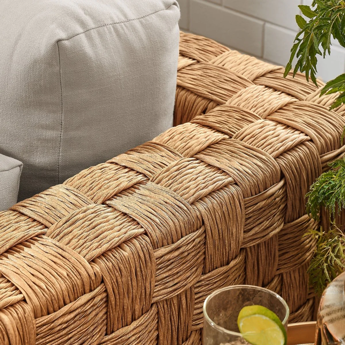 38” Natural Wicker Rattan Outdoor Armchair with Light Gray Cushions - Image 4