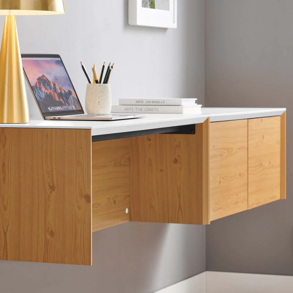 38" Wall-Mount Office Desk with Cabinet and Shelf for Home or Small Spaces - Image 14
