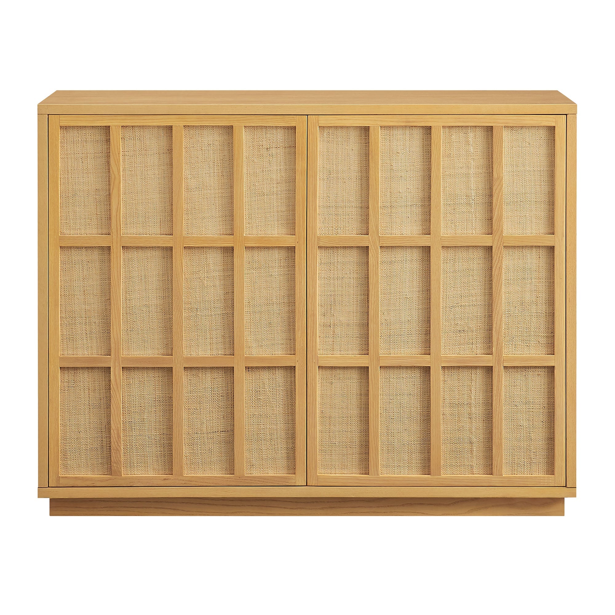 39 Inch Japandi Accent Cabinet with Woven Geometric Doors and Ash Wood Veneer in Light Oak - Image 5