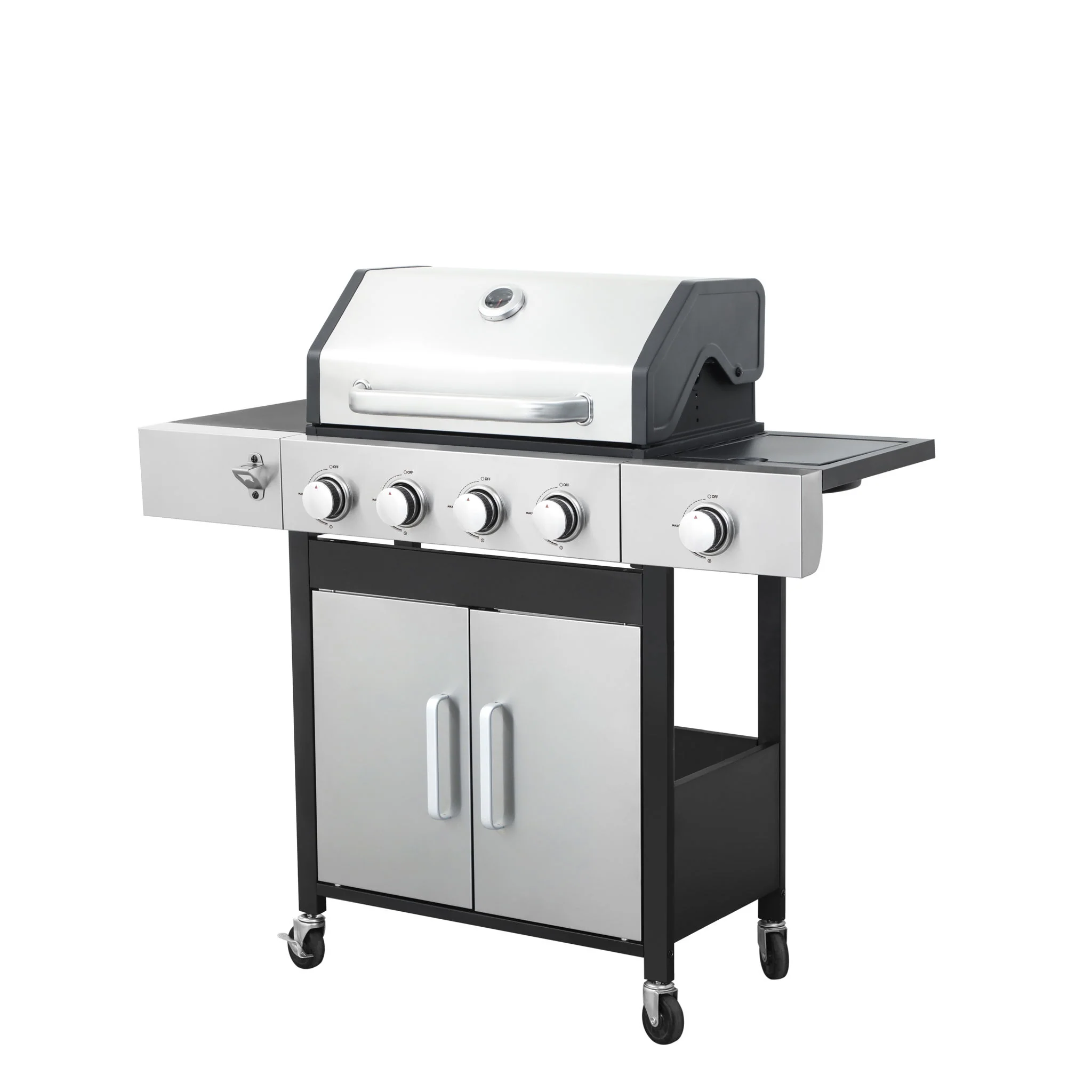 4 Burner Propane Gas Bbq Grill With Side Burner, 46790Btu Output With Enameed Cast Iron Cooking Grids For Outdoor Barbecue, Stainless Steel - Black / Silver - Image 2