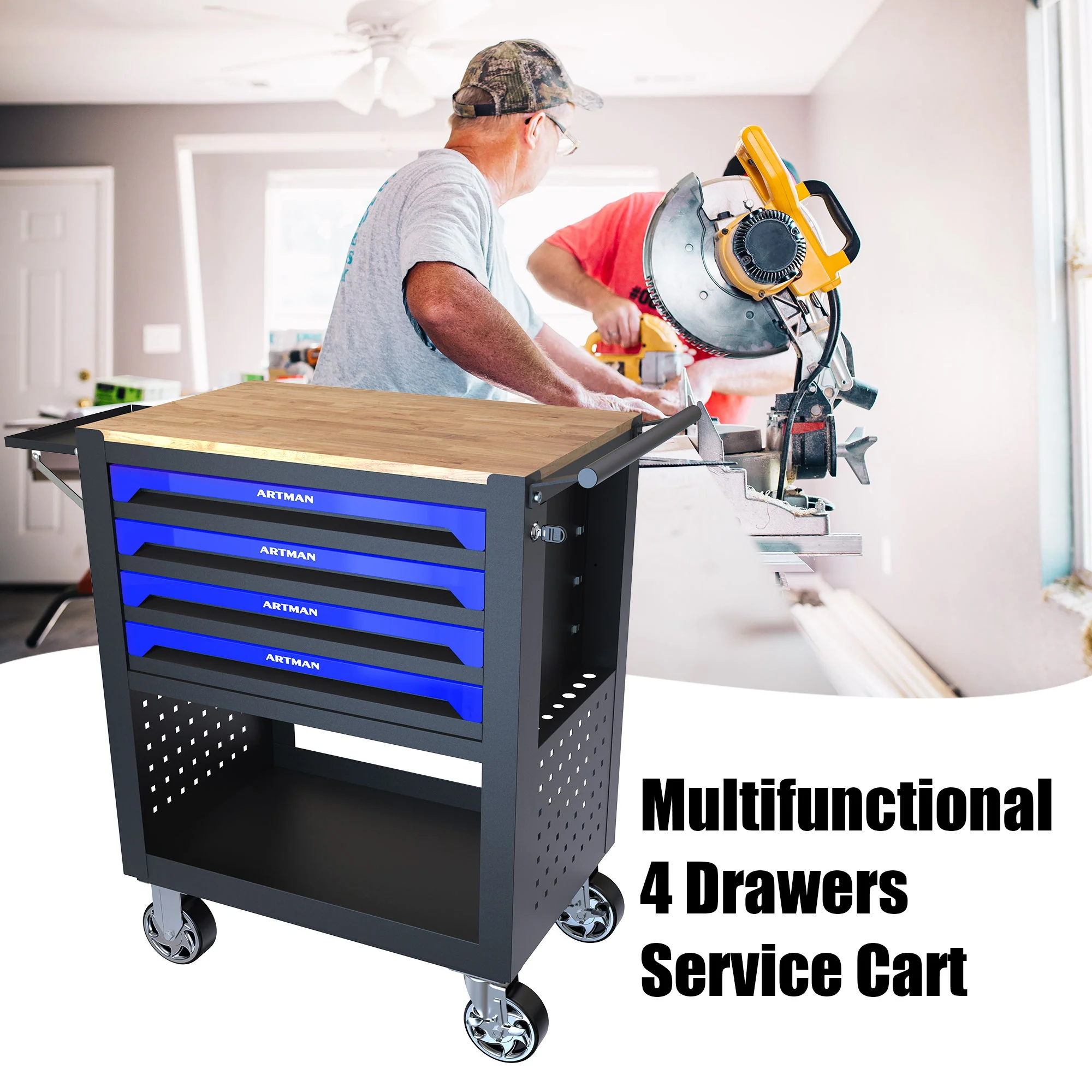 4 Drawers Multifunctional Tool Cart With Wheels And Wooden Top - Image 25