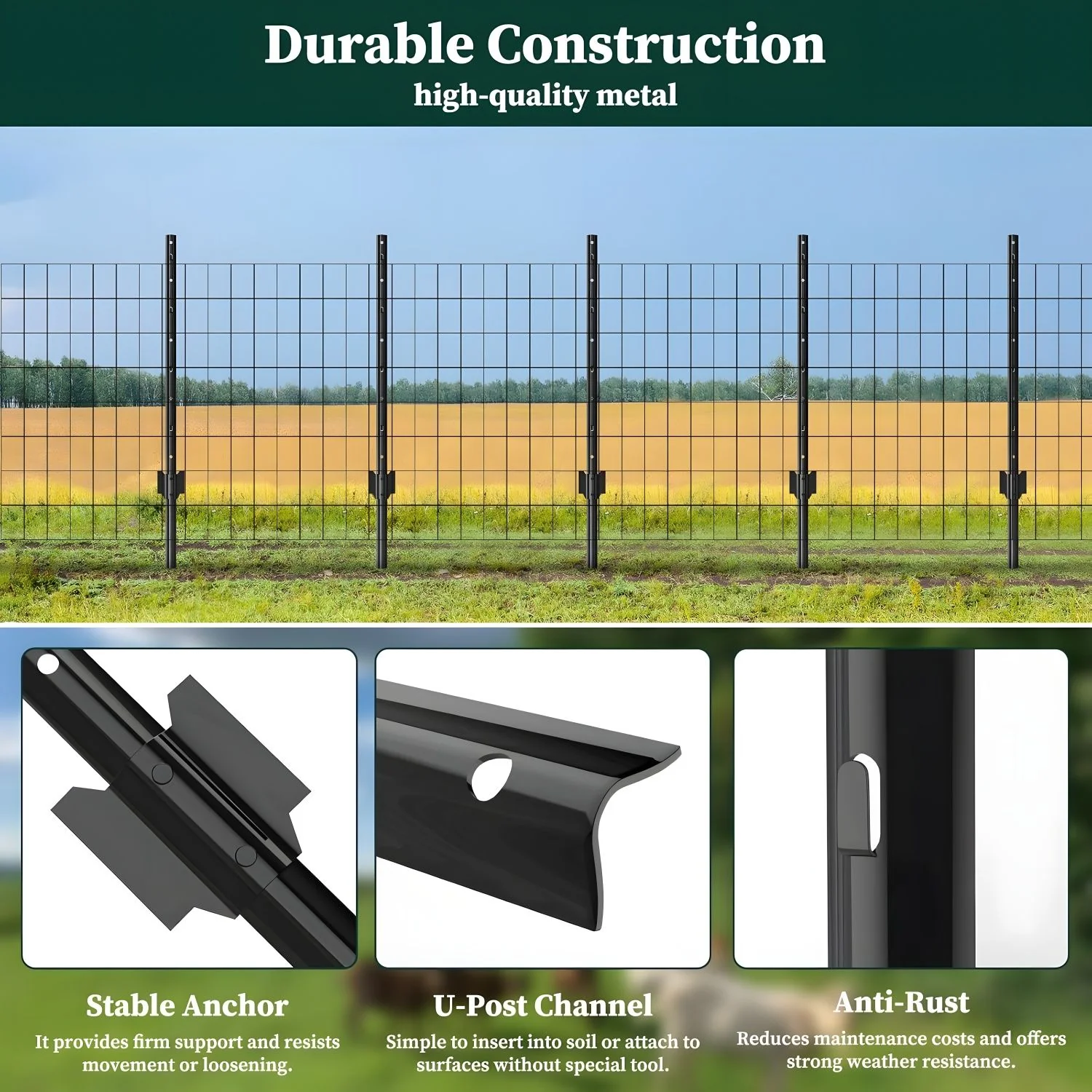4 Foot U-Shaped Metal Garden Fence Posts Set For Wire Fencing - Image 4
