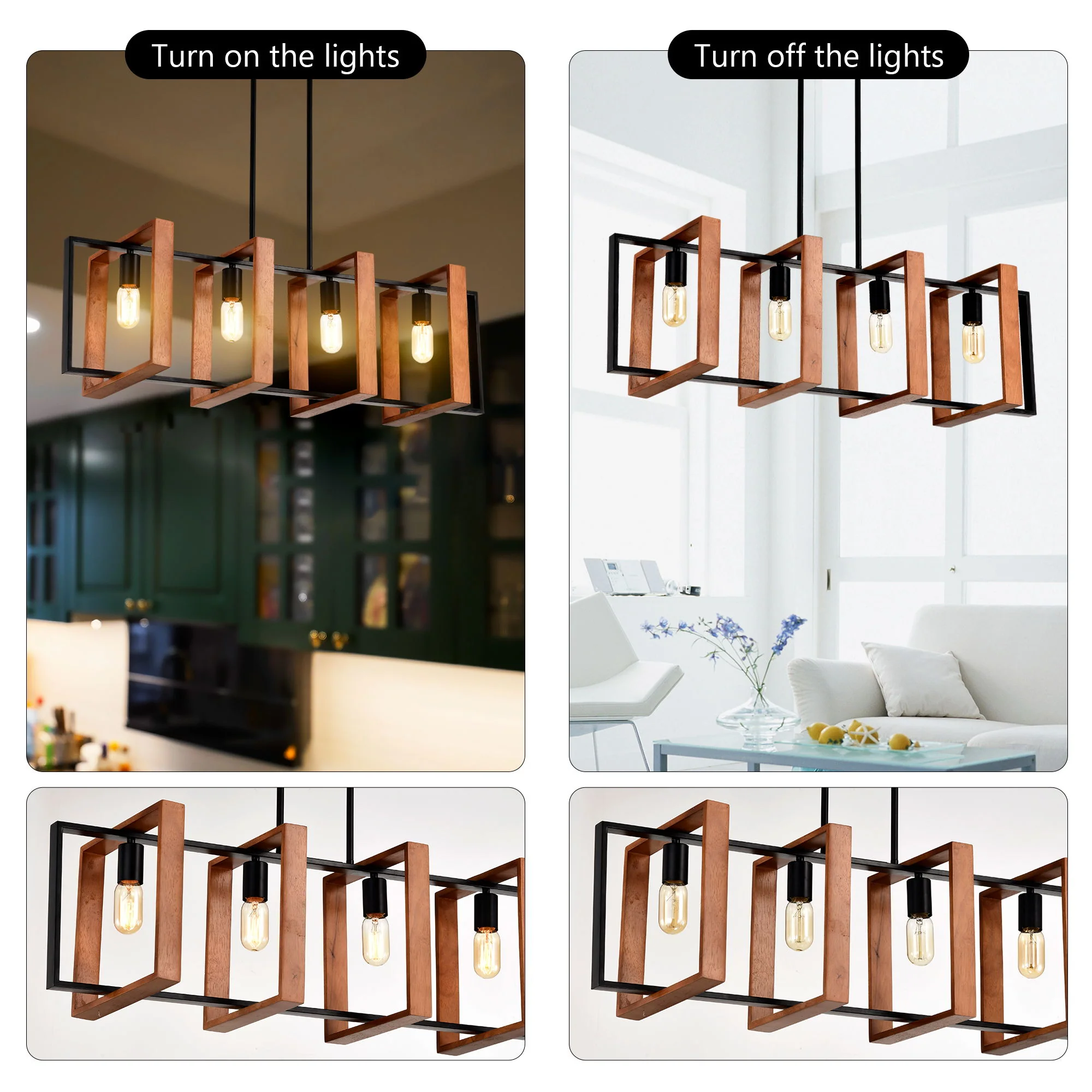 4 Light Kitchen Island Lights Pendant Light Farmhouse Dining Room Light Fixture, Rectangular Chandelier, 36" Hanging Lighting For Living Room, Conference Room, Home Office - Matte Black - Image 5