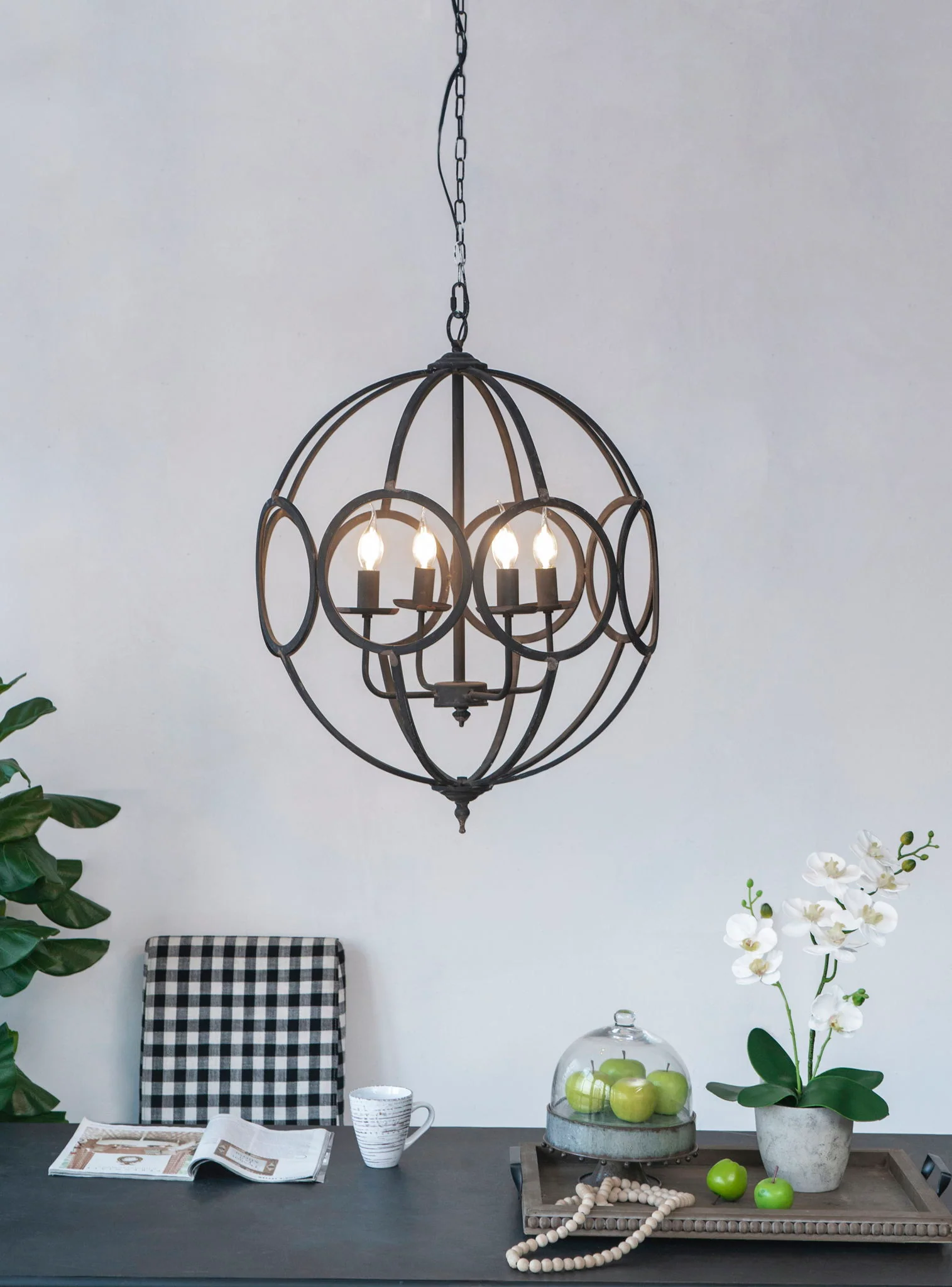 4 Light Metal Chandelier, Hanging Light Fixture With Adjustable Chain For Kitchen, Bulb Not Included - Black - Image 4