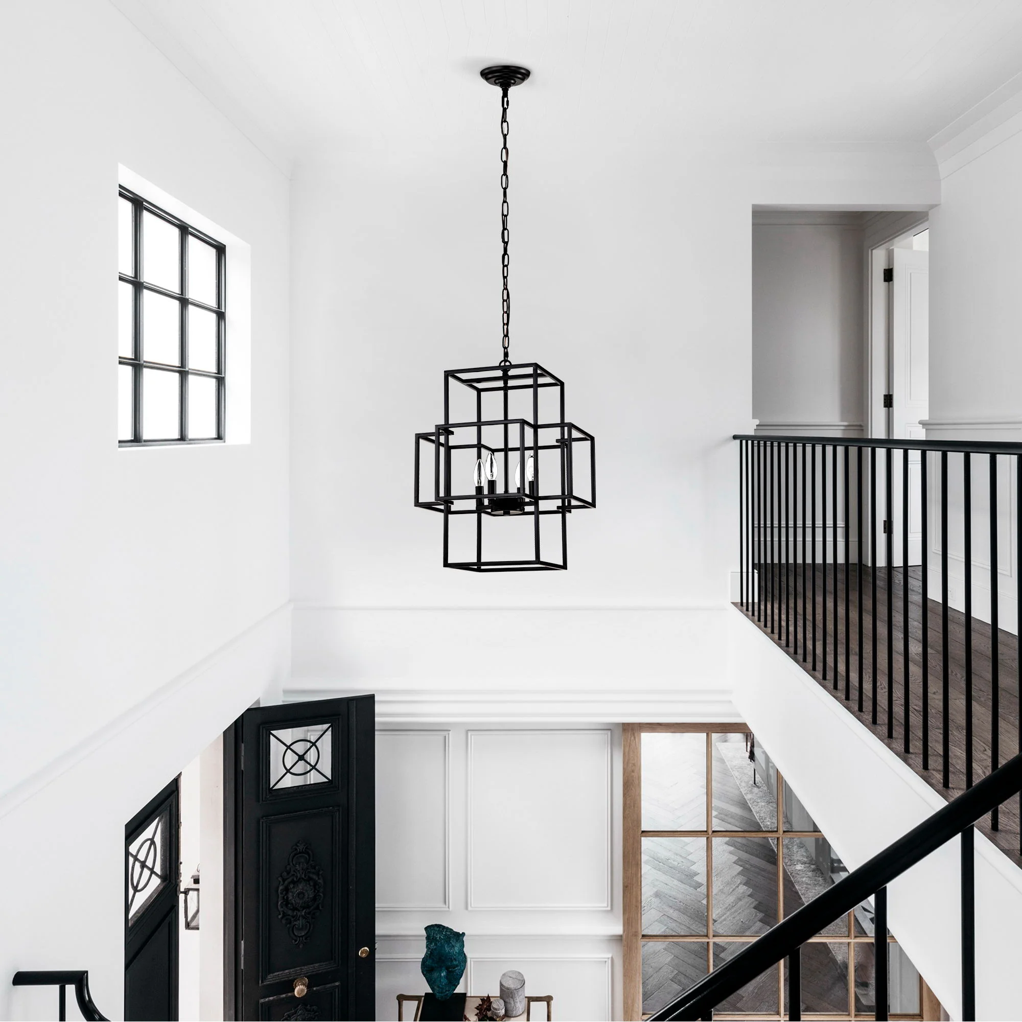 4 Light Metal Lantern Tiered Pendant Hanging Light Fixtures, Industrial Farmhouse Adjustable Height Chandeliers For Dining Room Hallway Foyer Entryway (E12 Bulbs Not Included) - Image 15