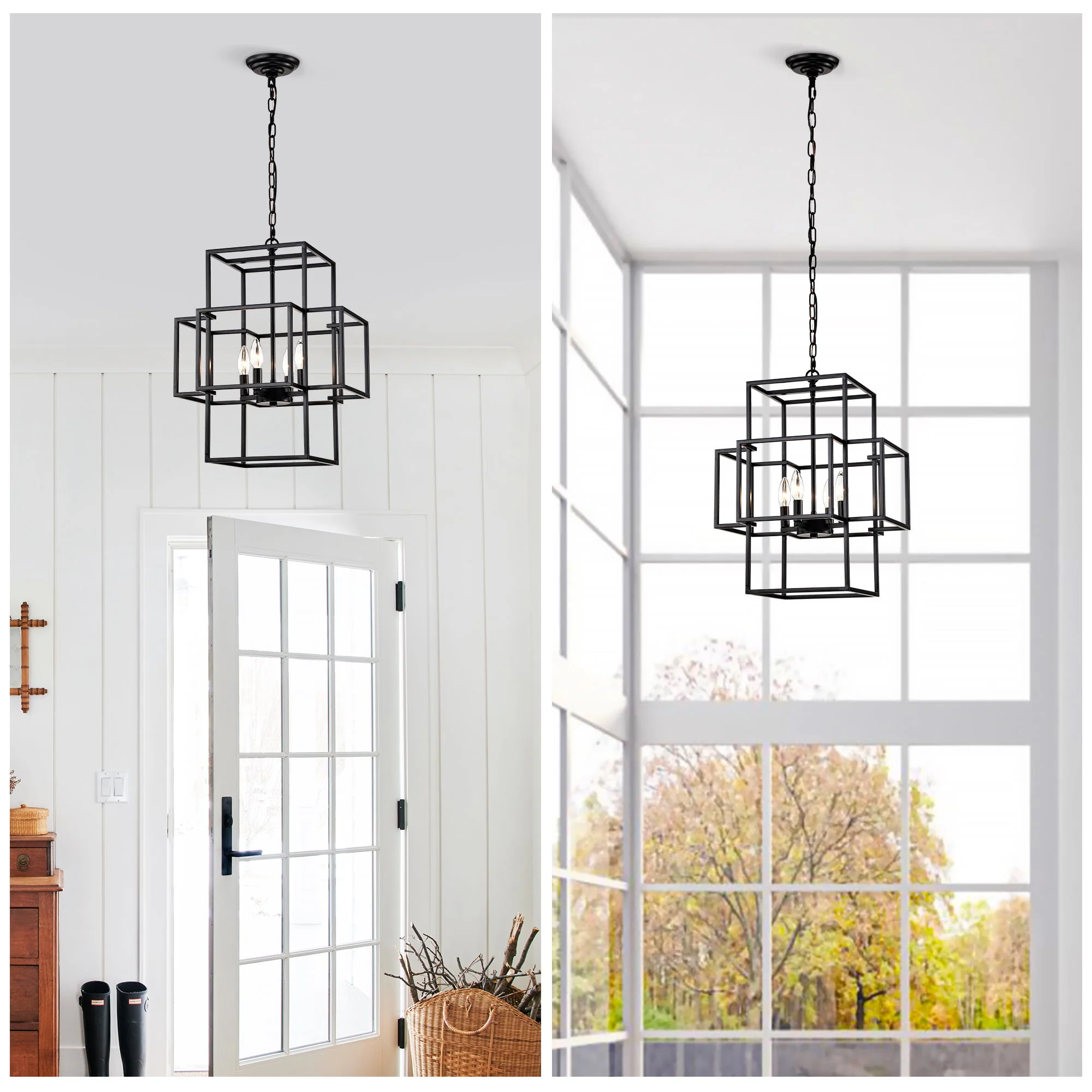 4 Light Metal Lantern Tiered Pendant Hanging Light Fixtures, Industrial Farmhouse Adjustable Height Chandeliers For Dining Room Hallway Foyer Entryway (E12 Bulbs Not Included) - Image 9