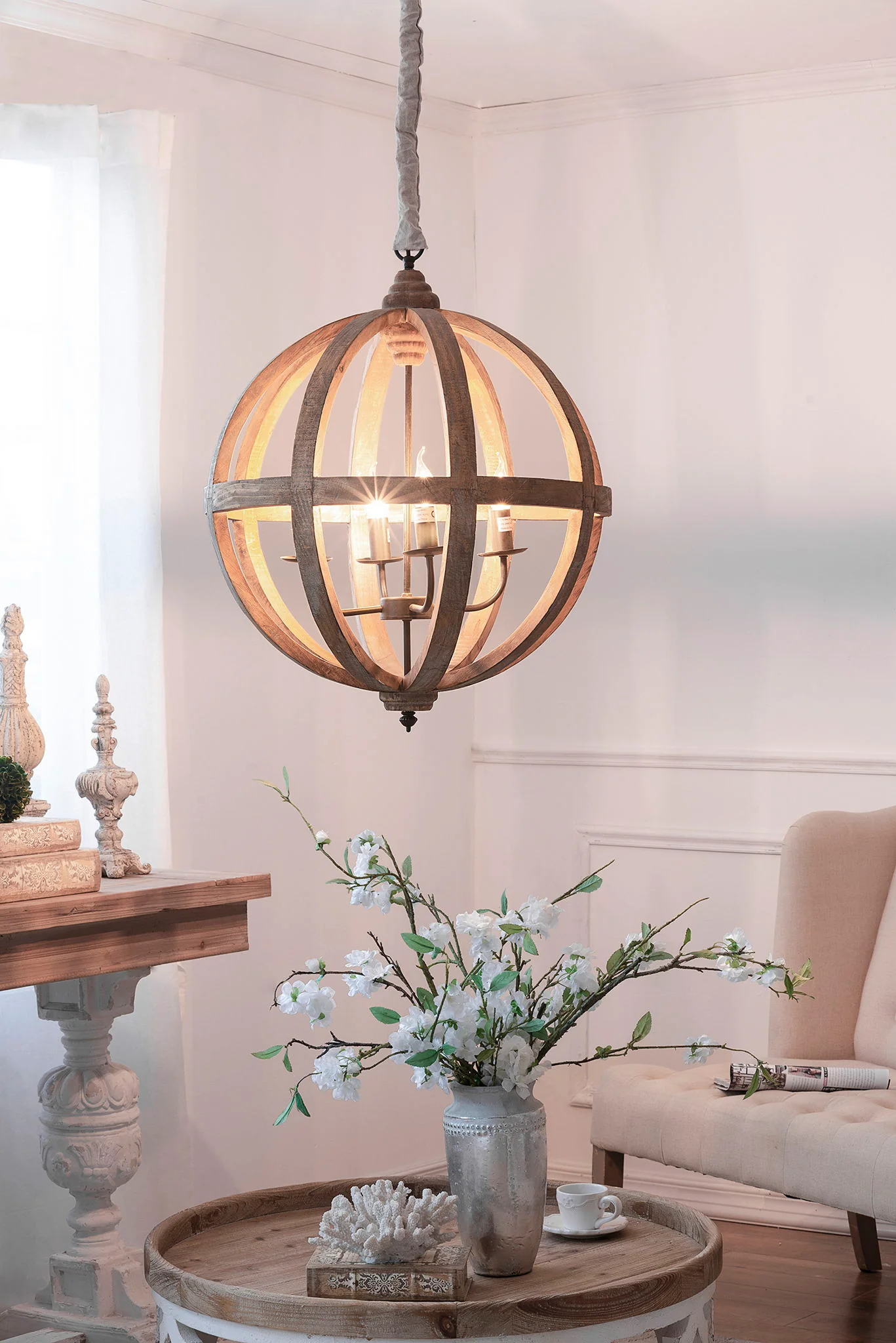 4 Light Wood Chandelier, Hanging Light Fixture With Adjustable Chain For Kitchen, Bulb Not Included - Brown - Image 6