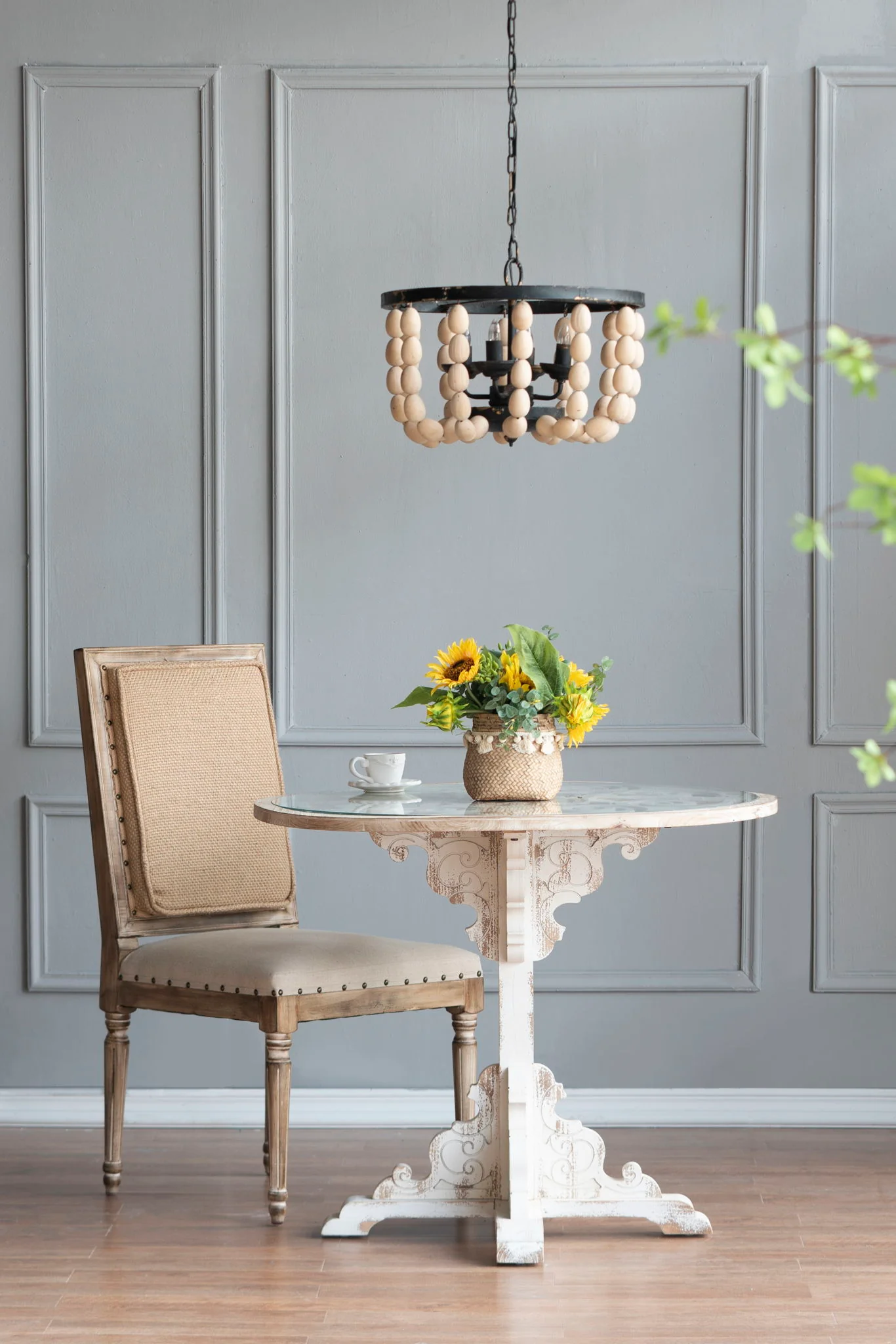 4 Light Wood Chandelier, Hanging Light Fixture With Adjustable Chain For Kitchen, Bulb Not Included - Cream - Image 2
