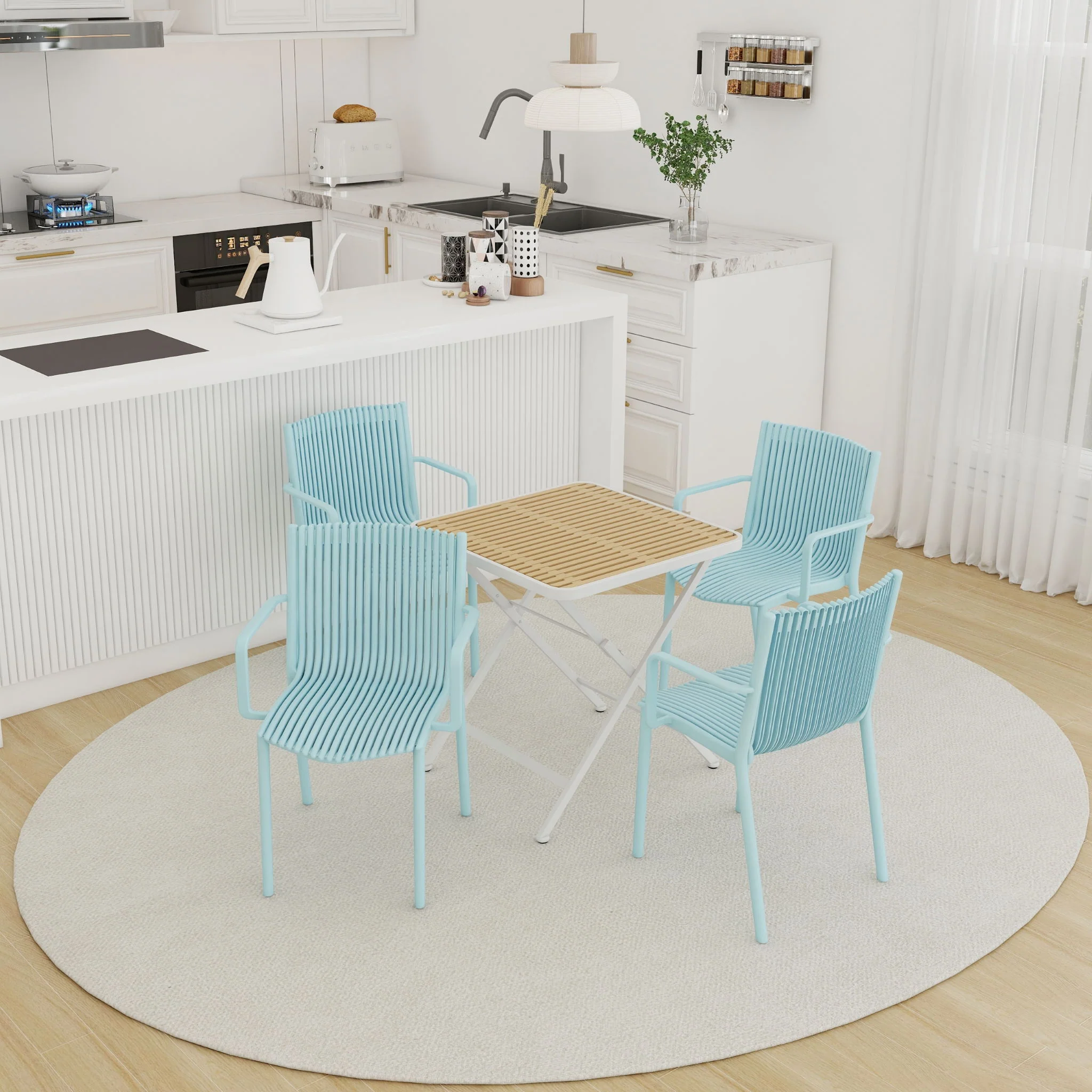 4 Modern Stackable Plastic Armchair Matched With Folding Square Table - Image 9