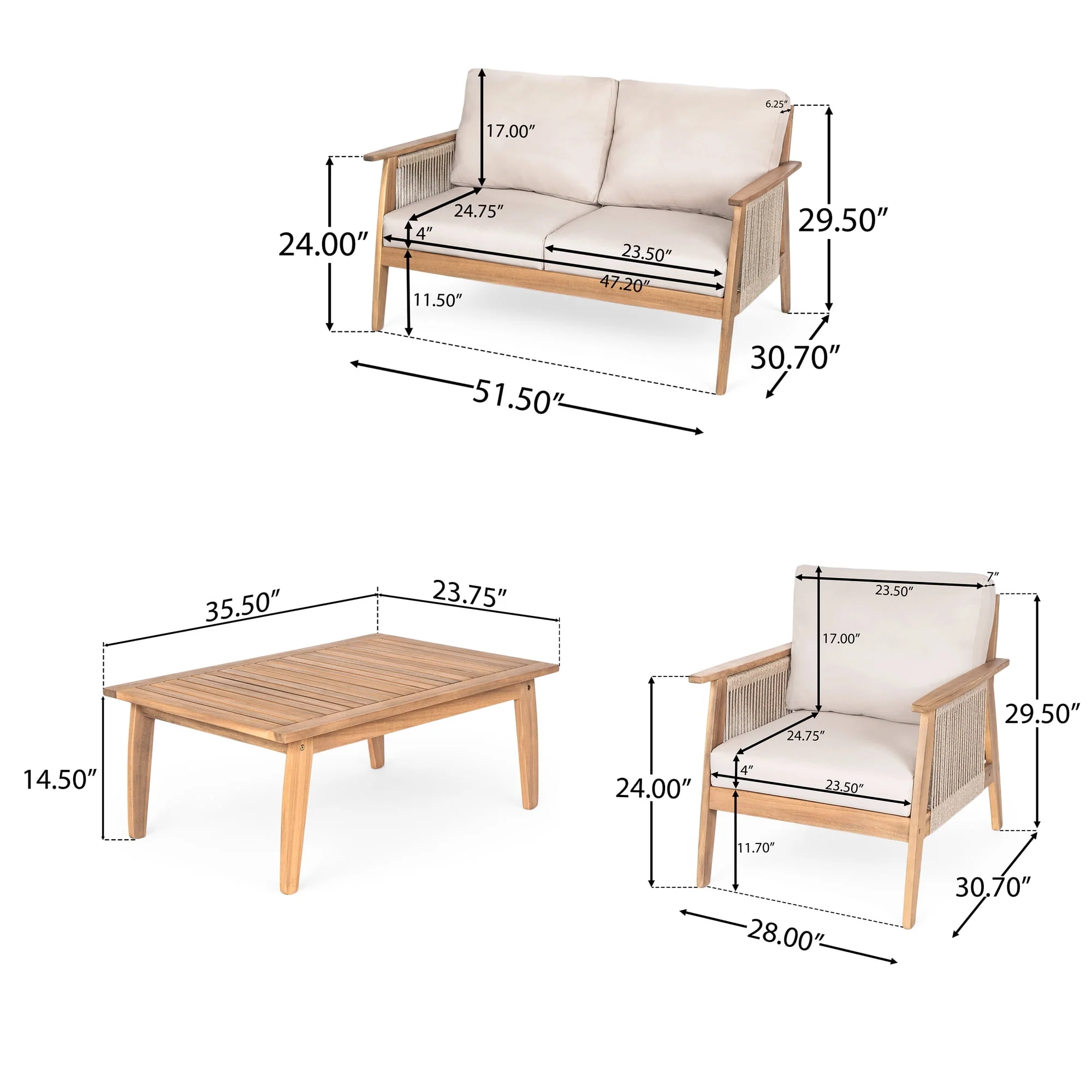 4-Piece Acacia Wood & Rope Patio Sectional Sofa Set - Image 2