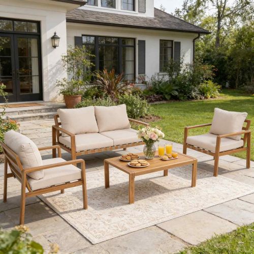 4-Piece Aluminum Patio Set with Wood Grain Finish & Cushions
