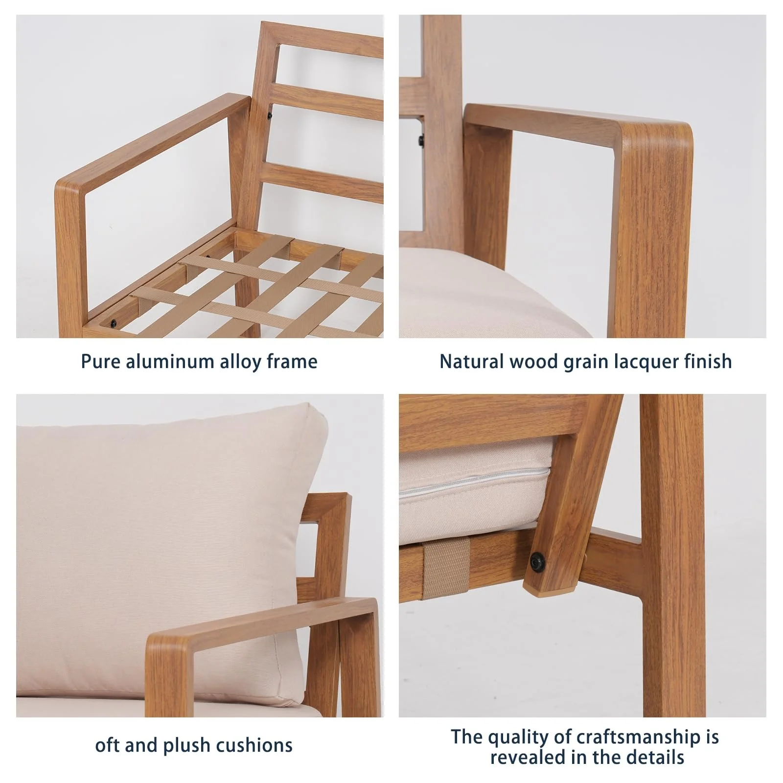 4-Piece Aluminum Patio Set with Wood Grain Finish & Cushions - Image 6