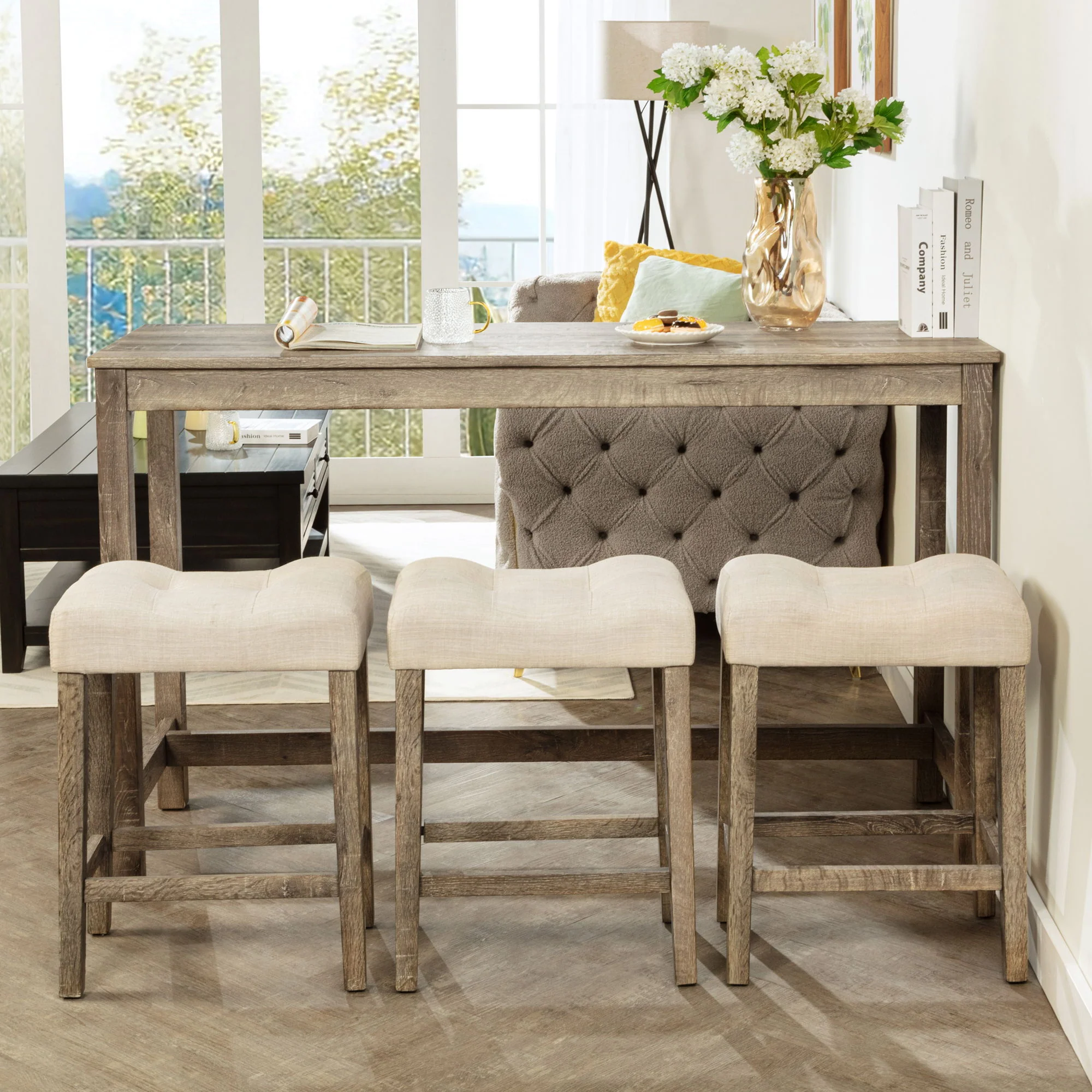 4 Piece Bar Table Set With Power Outlet, 3 Padded Stools - Image 10