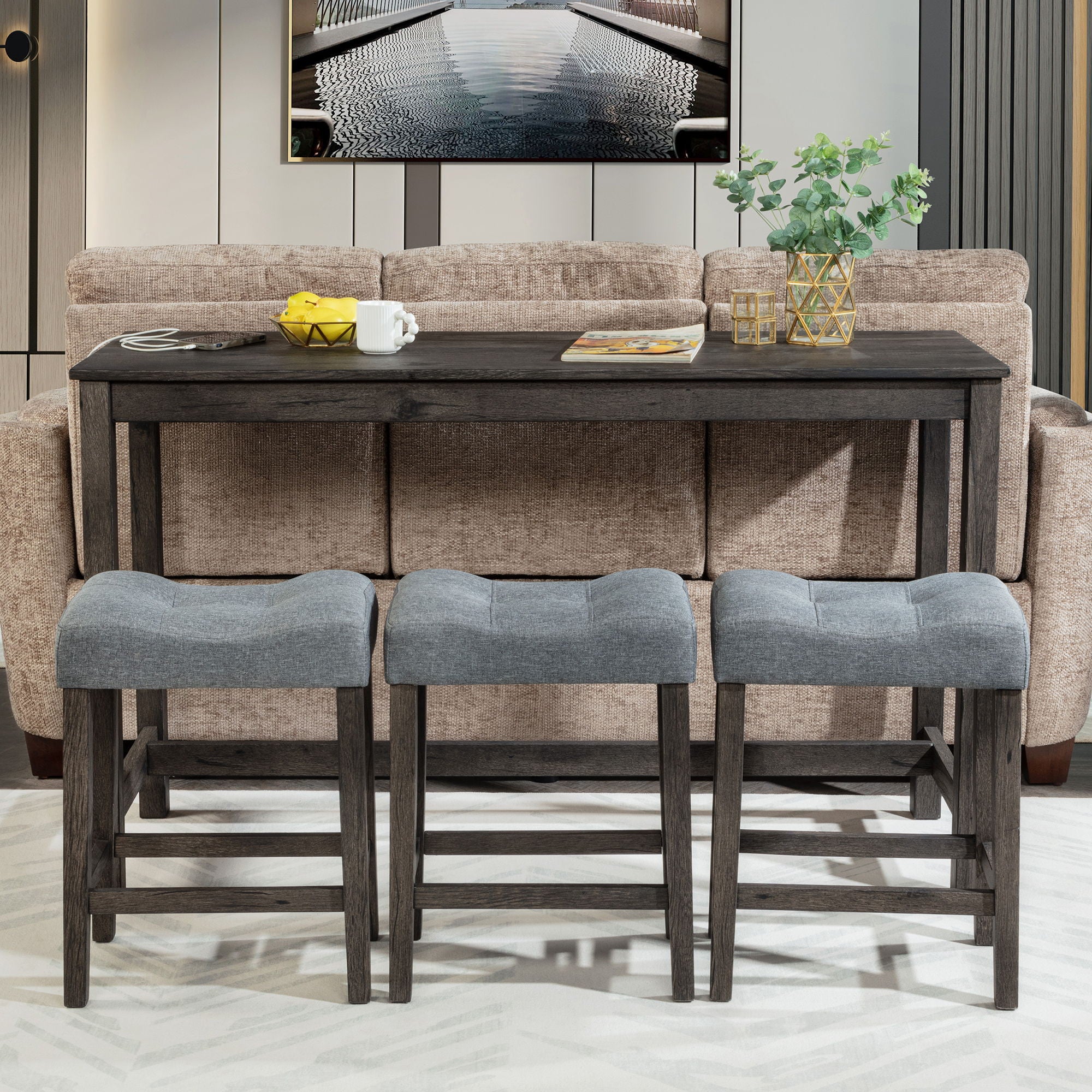 4 Piece Bar Table Set With Power Outlet, 3 Padded Stools - Image 5