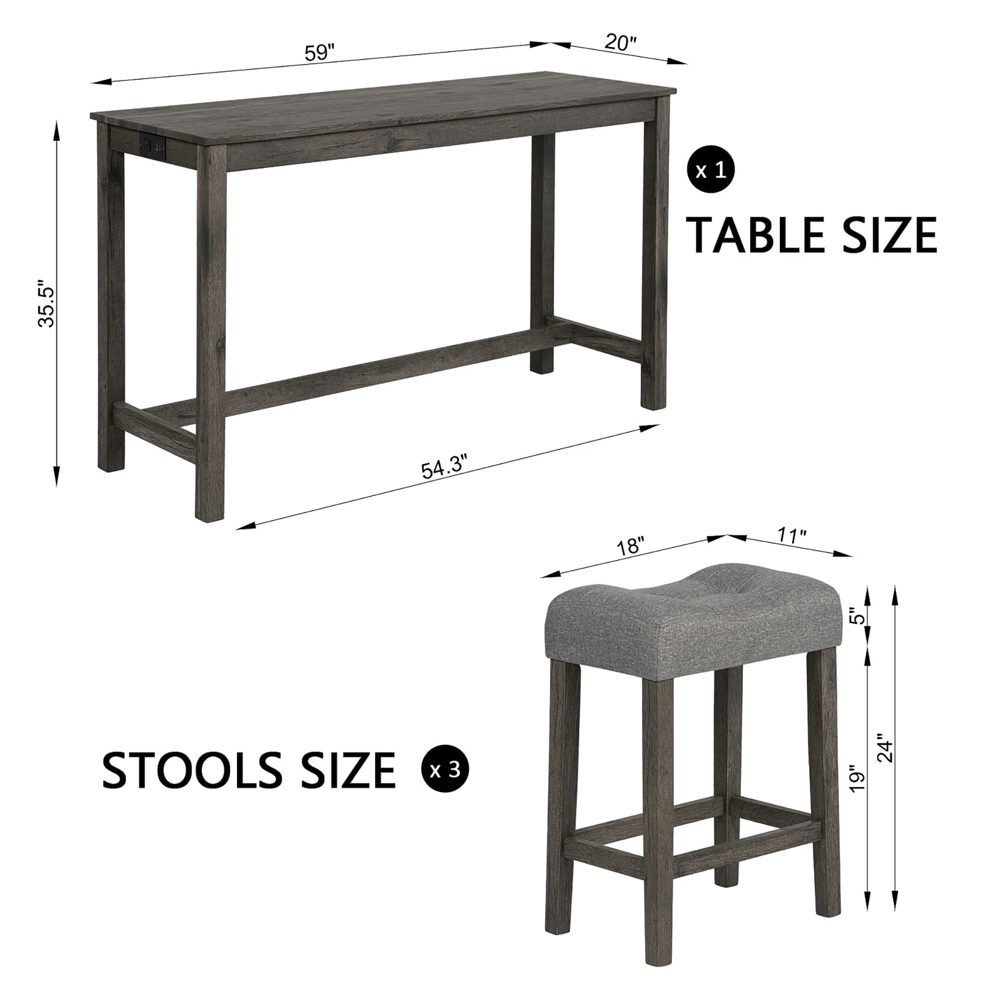 4 Piece Bar Table Set With Power Outlet, 3 Padded Stools - Image 6