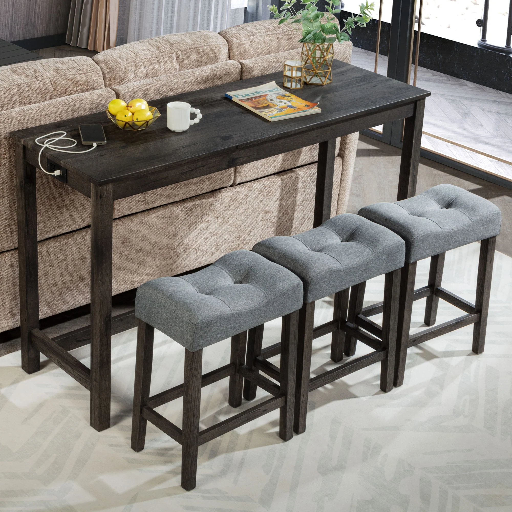4 Piece Bar Table Set With Power Outlet, 3 Padded Stools - Image 7