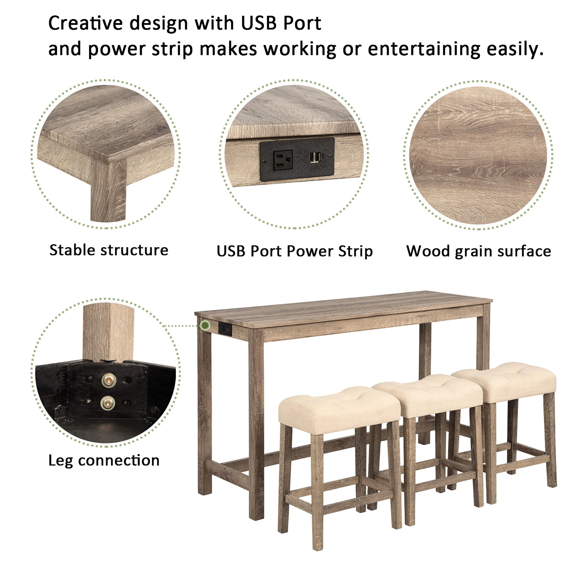 4 Piece Bar Table Set With Power Outlet, 3 Padded Stools - Image 8