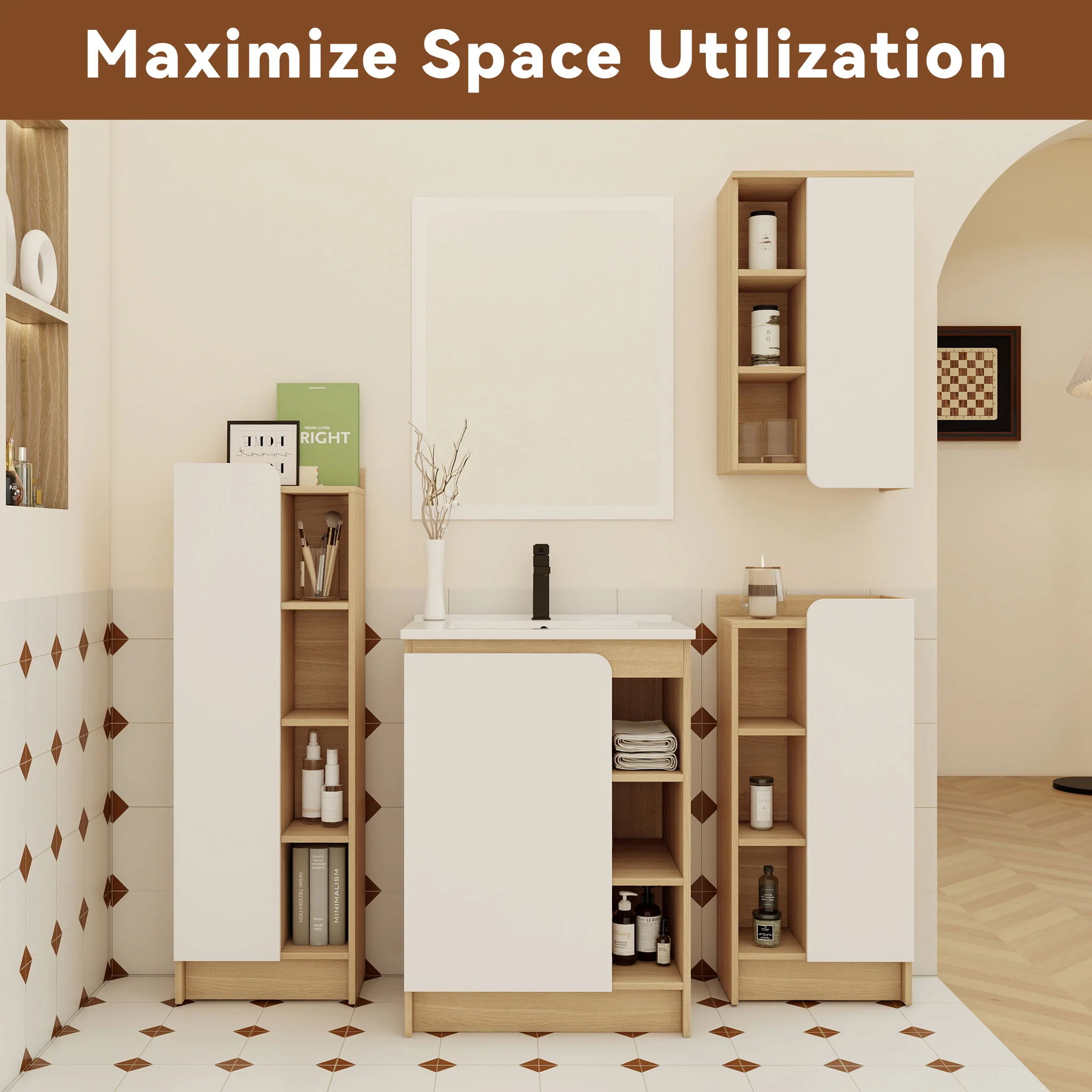 4 Piece Bathroom Vanity Set With Sink, Vanity Combo With Storage Cabinets - Black / Light Oak / White - Image 4