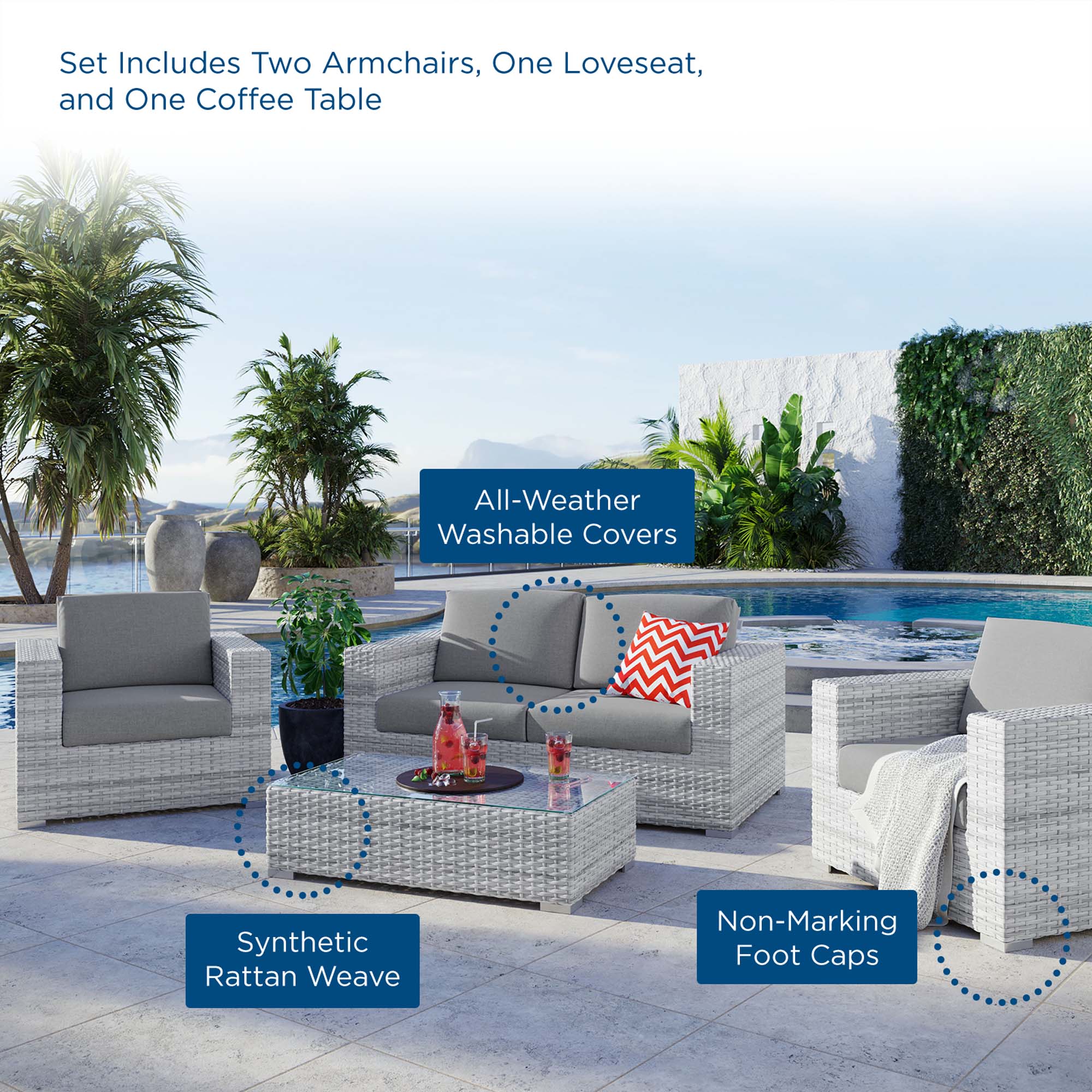 4-Piece Light Gray Wicker Outdoor Patio Furniture Set with Gray Cushions - Image 2