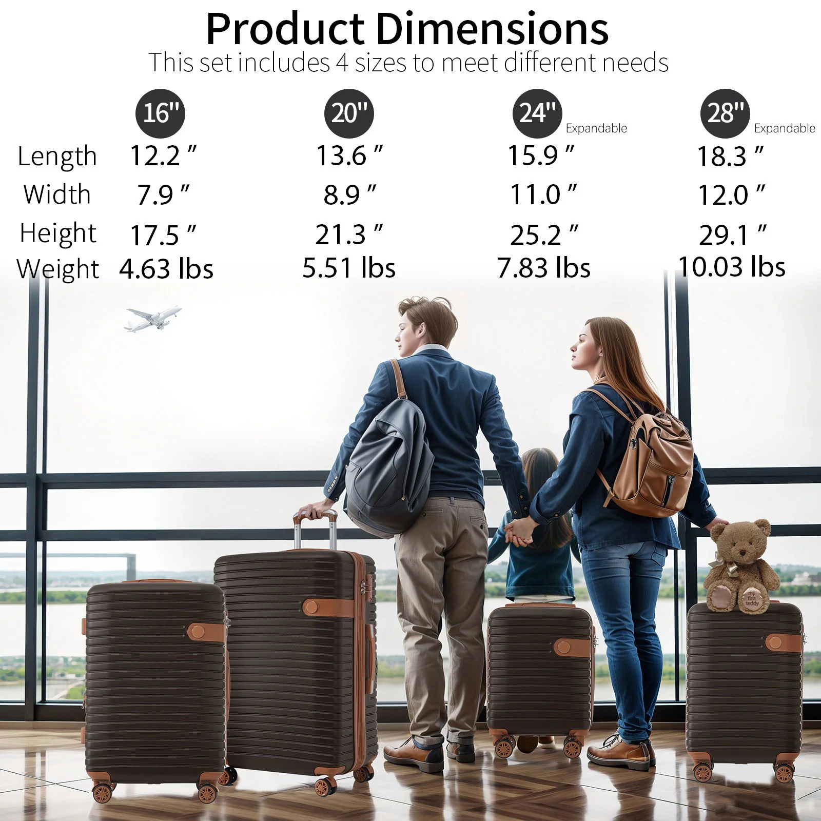 4 Piece Luggage Set Suitcase Set, Abs Hard Shell Lightweight Expandable Travel Luggage With 4 Packing Cubes, Tsa Lock, Spinner Wheels (16 / 20 / 24 / 28) - Coffee - Image 3