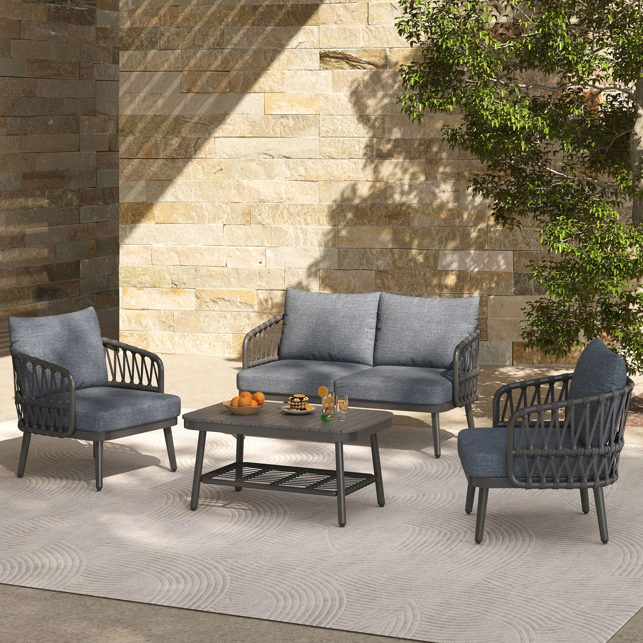 4 Piece Outdoor Patio Furniture Set, Metal Chairs With Woven Rope U Shaped Backrest - Image 12