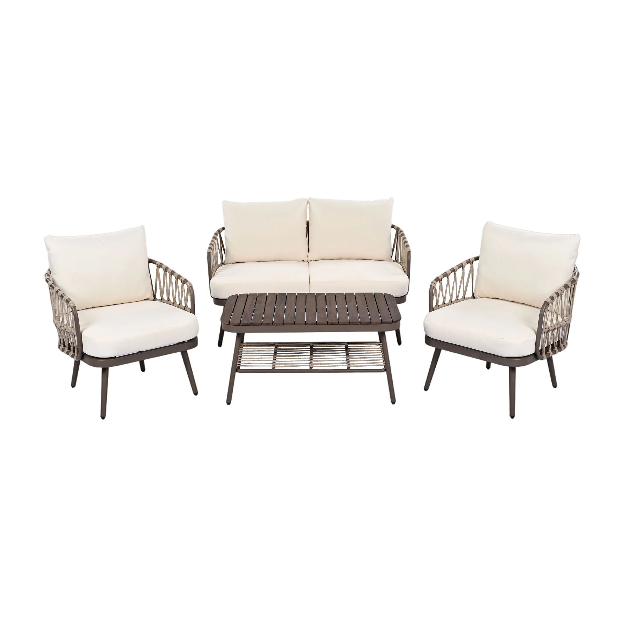 4 Piece Outdoor Patio Furniture Set, Metal Chairs With Woven Rope U Shaped Backrest - Image 2