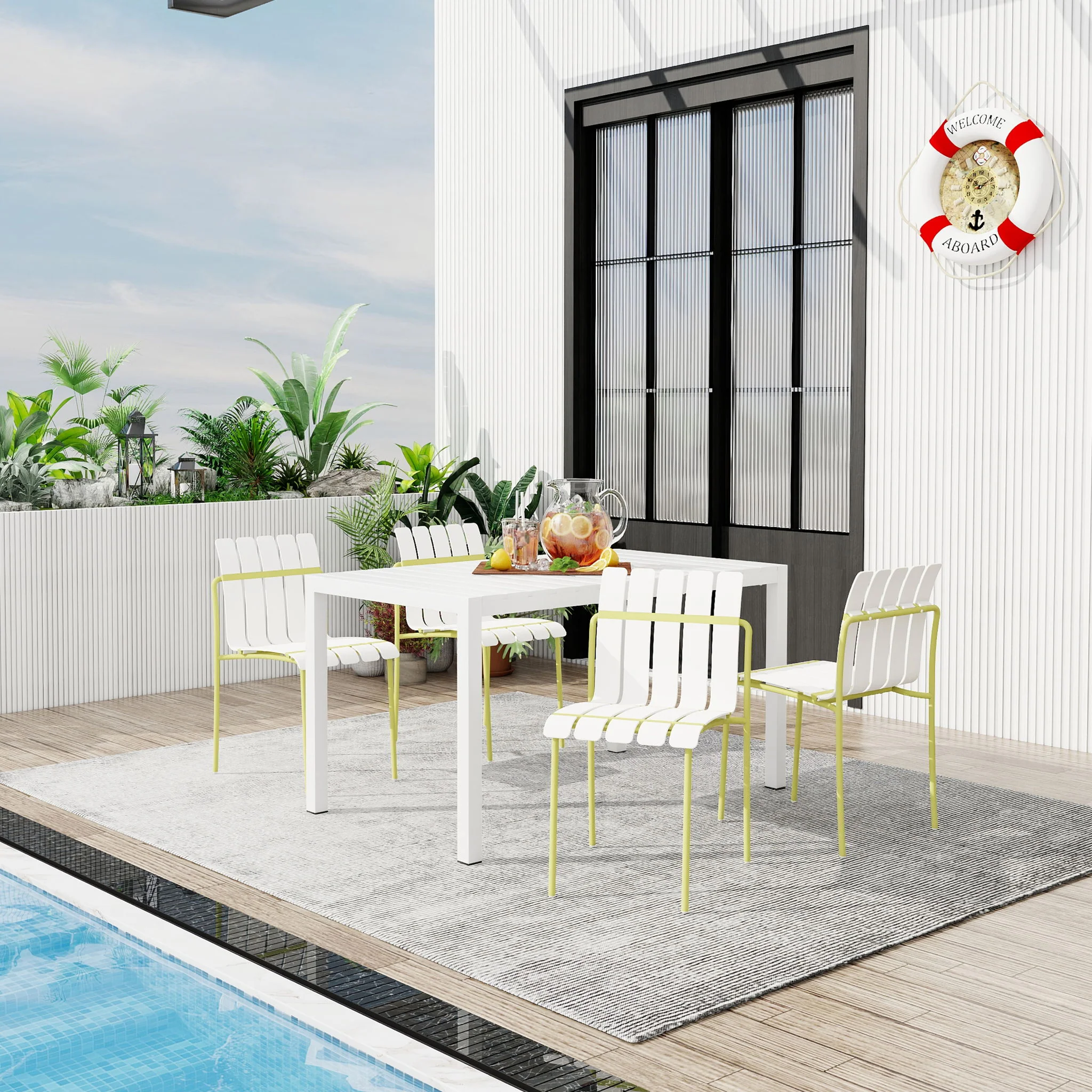 4 Piece Set Of Modern Color Block Designed Single Chairs With Long Table - Image 7