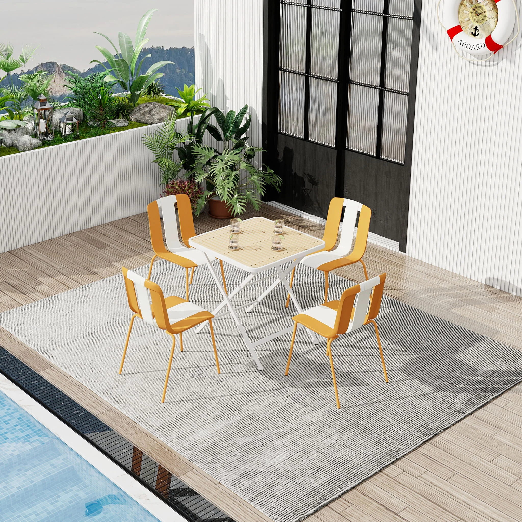 4 Piece Set Of Modern Striped Single Chairs With Folding Square Table - Image 11