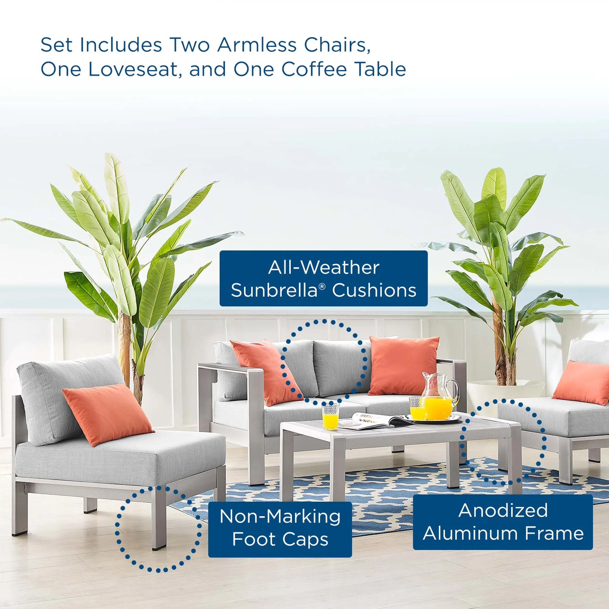 4-Piece Silver Gray Aluminum Outdoor Patio Seating Set with Sunbrella Fabric - Image 2