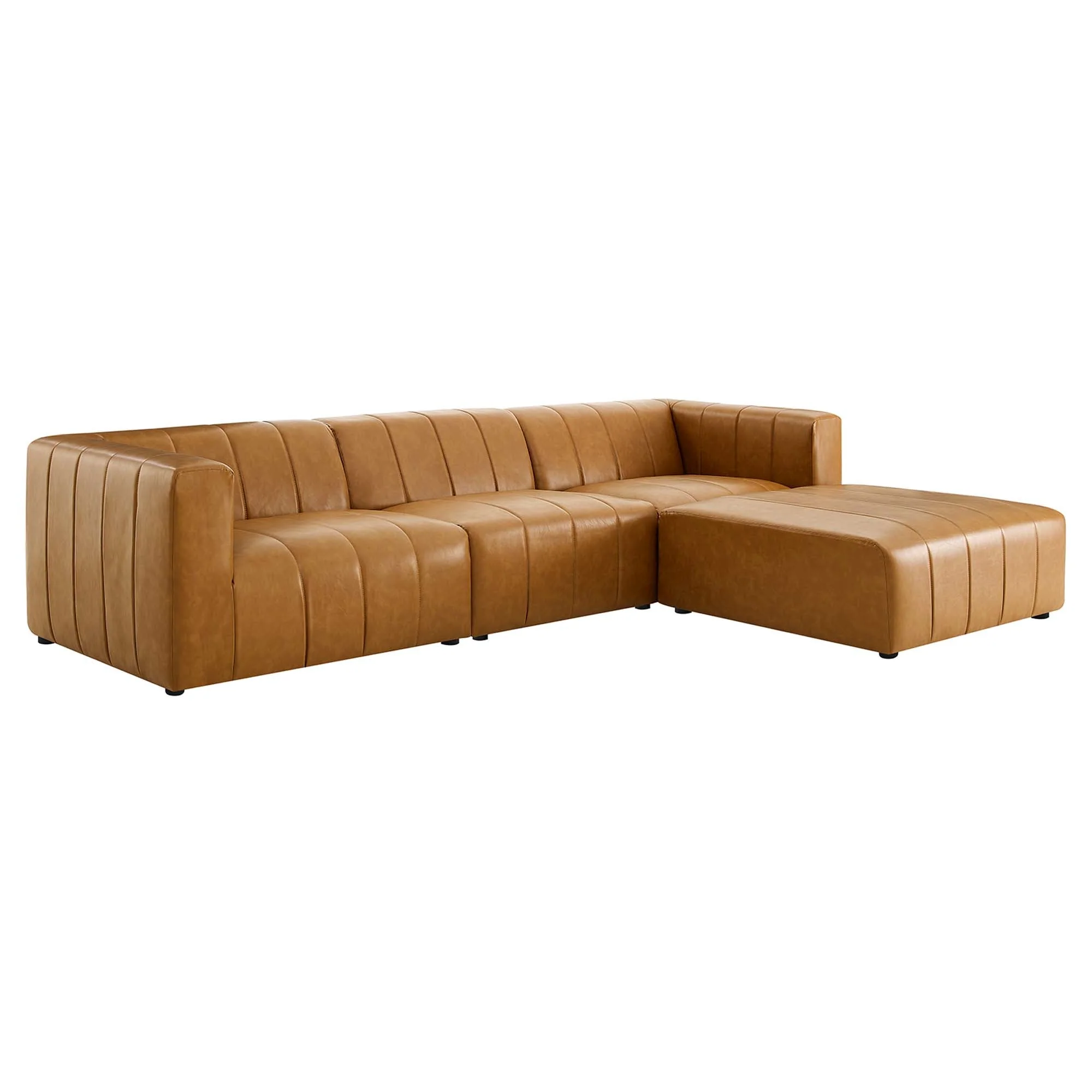 4-Piece Vegan Leather Channel Tufted Sectional Sofa 166 Inch in Tan