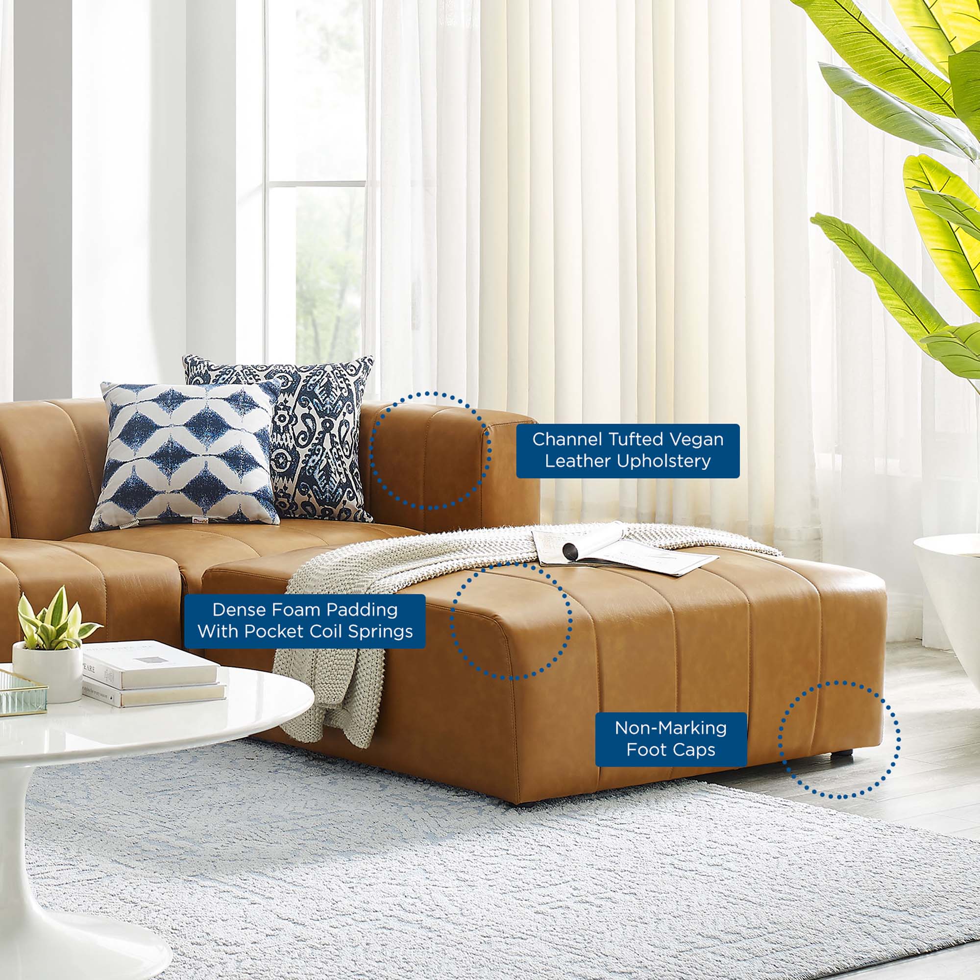 4-Piece Vegan Leather Channel Tufted Sectional Sofa 166 Inch in Tan - Image 2