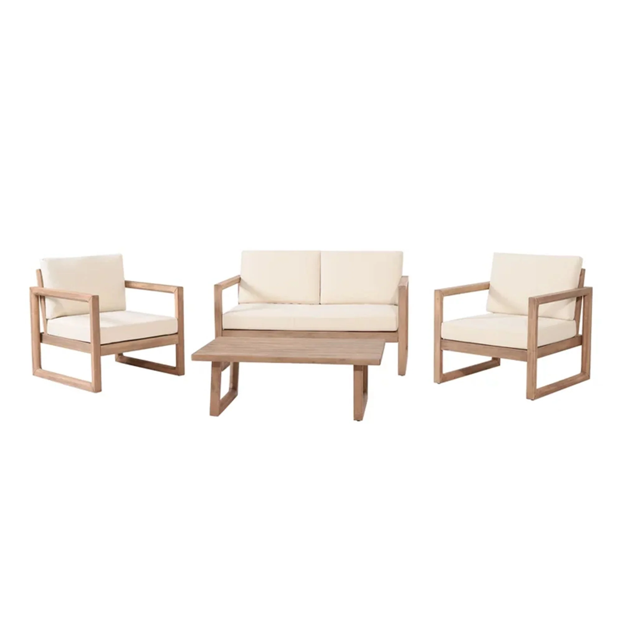 4 Pieces Acacia Wood Patio Furniture Set, Outdoor Furniture With Coffee Table, Patio Conversation Set Deep Seating With Soft Cushion, Porch Chairs For Backyard Porch Balcony - Brown Wash / Beige