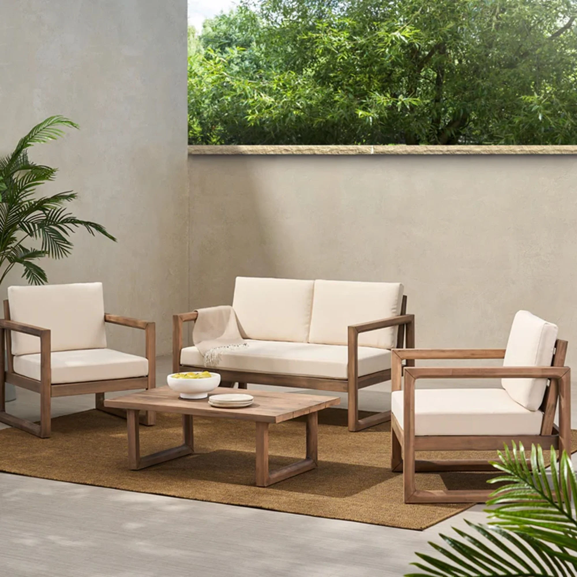 4 Pieces Acacia Wood Patio Furniture Set, Outdoor Furniture With Coffee Table, Patio Conversation Set Deep Seating With Soft Cushion, Porch Chairs For Backyard Porch Balcony - Brown Wash / Beige - Image 5