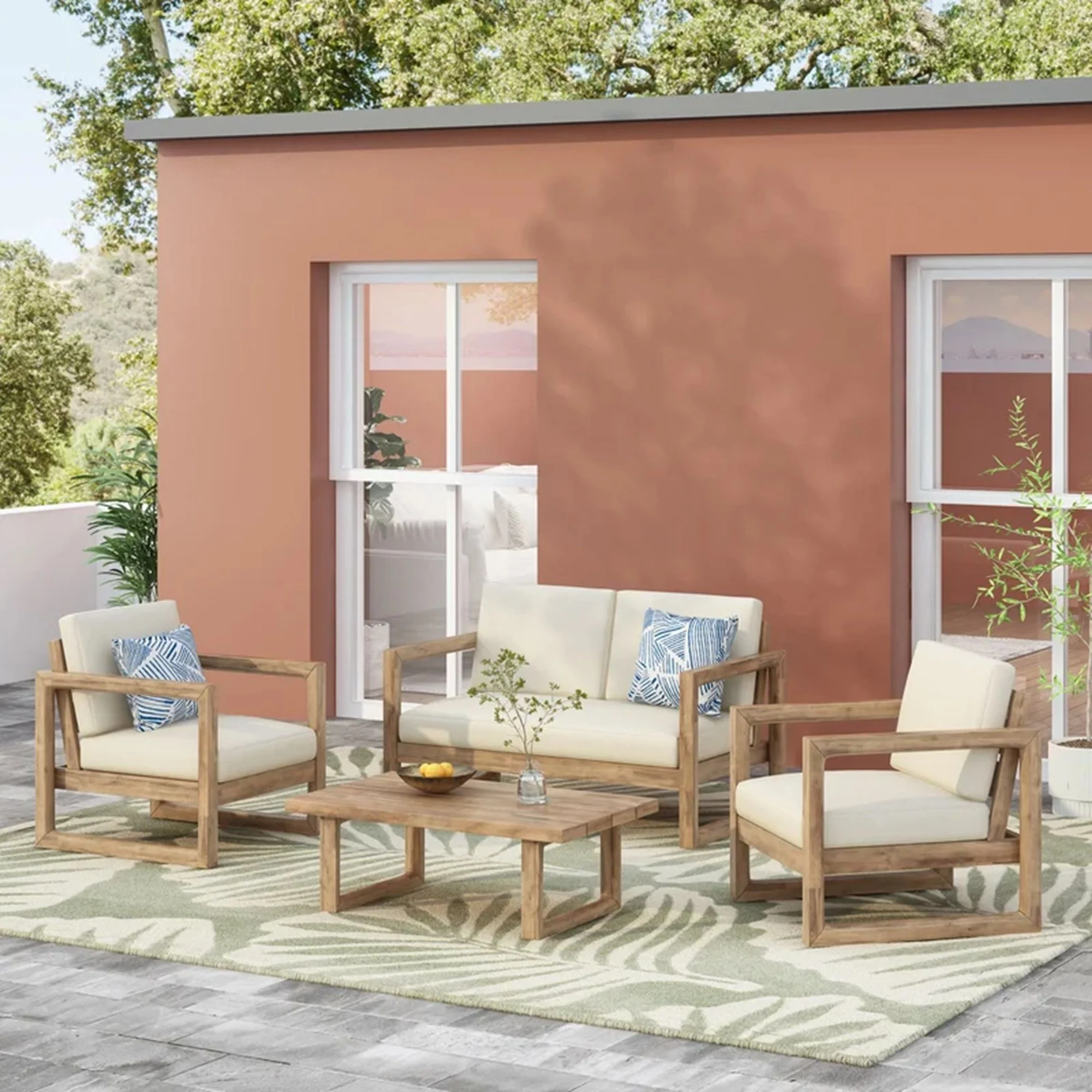 4 Pieces Acacia Wood Patio Furniture Set, Outdoor Furniture With Coffee Table, Patio Conversation Set Deep Seating With Soft Cushion, Porch Chairs For Backyard Porch Balcony - Brown Wash / Beige - Image 7