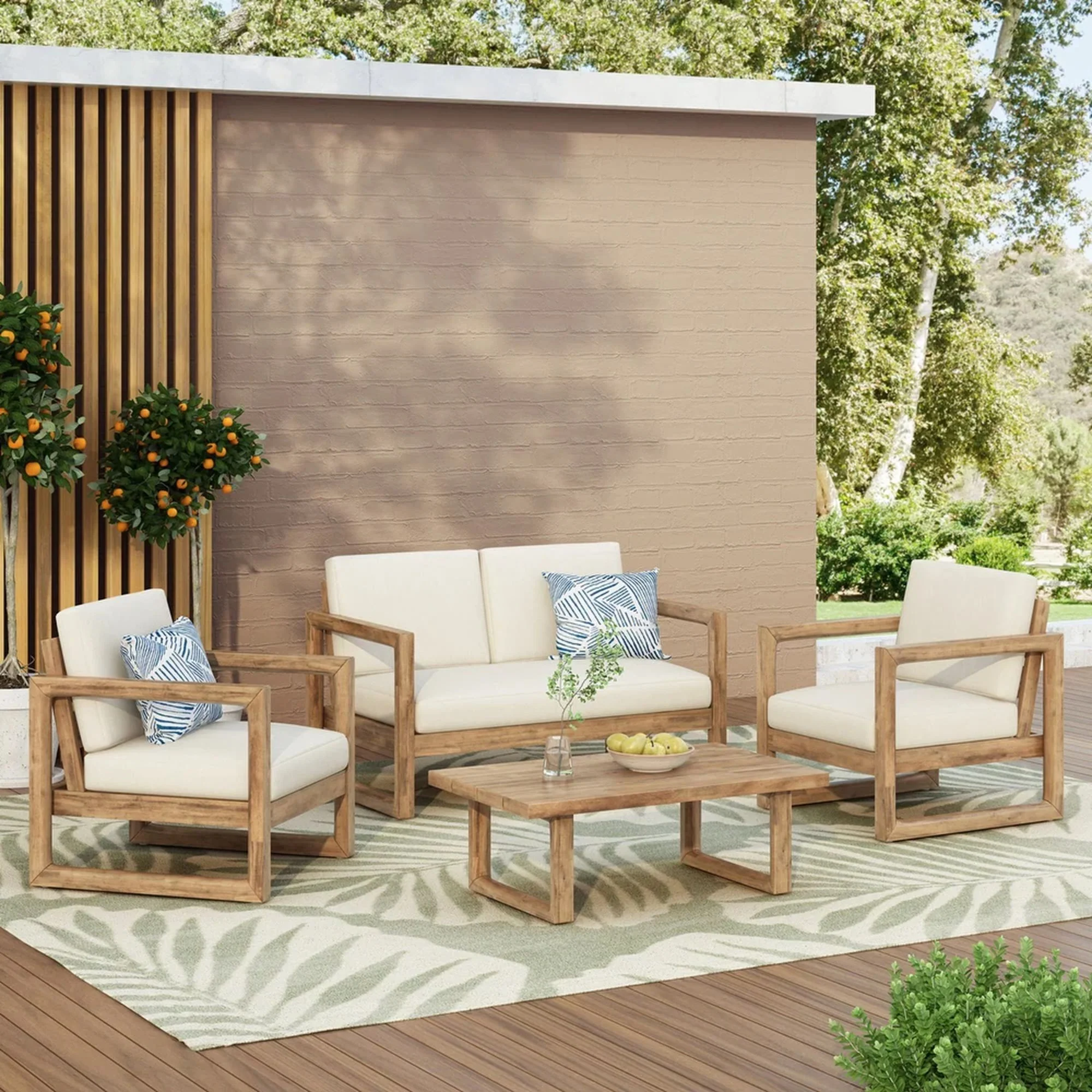 4 Pieces Acacia Wood Patio Furniture Set, Outdoor Furniture With Coffee Table, Patio Conversation Set Deep Seating With Soft Cushion, Porch Chairs For Backyard Porch Balcony - Brown Wash / Beige - Image 9
