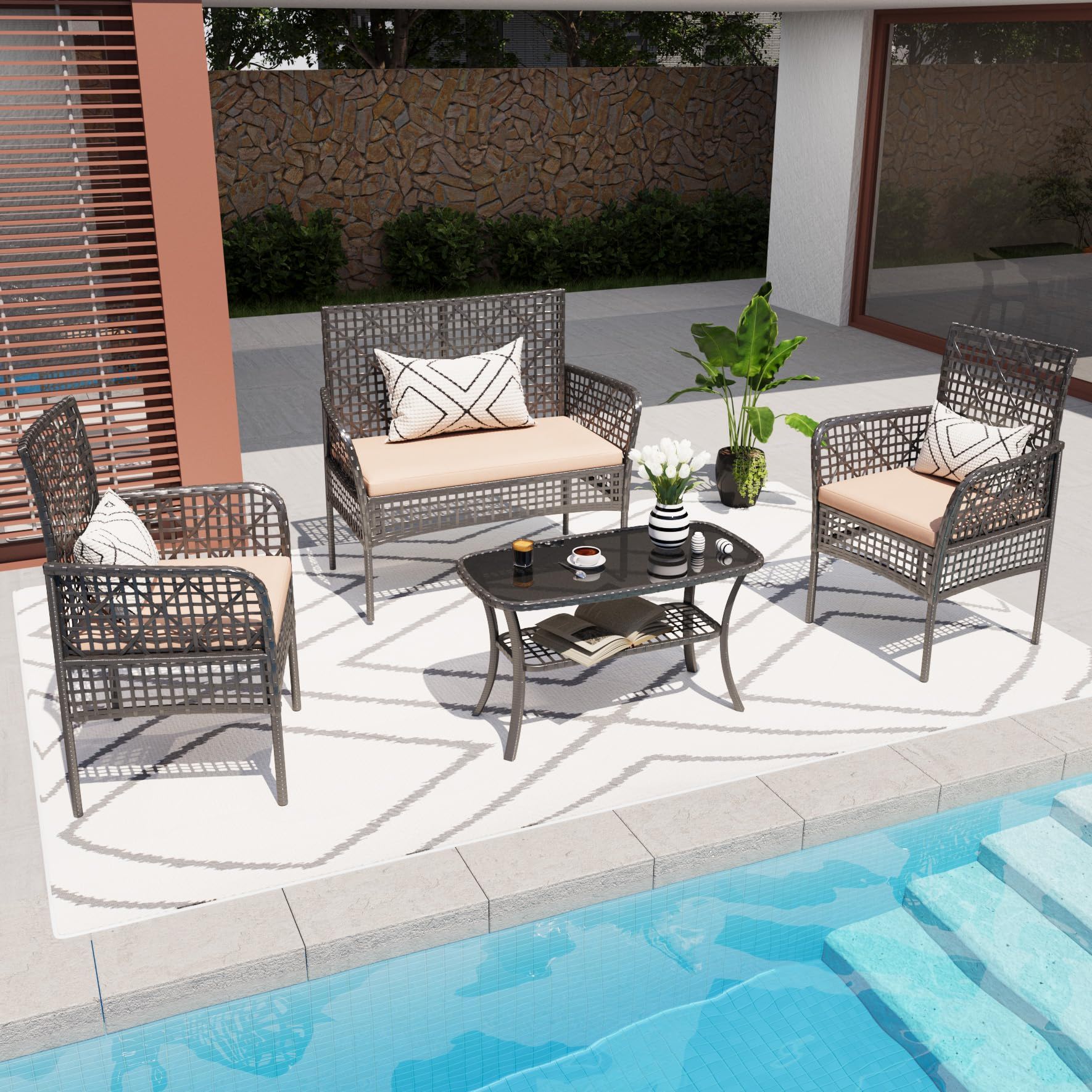 4 Pieces Rattan Wicker Chairs With Tempered Glass Table And Cushions - Image 3