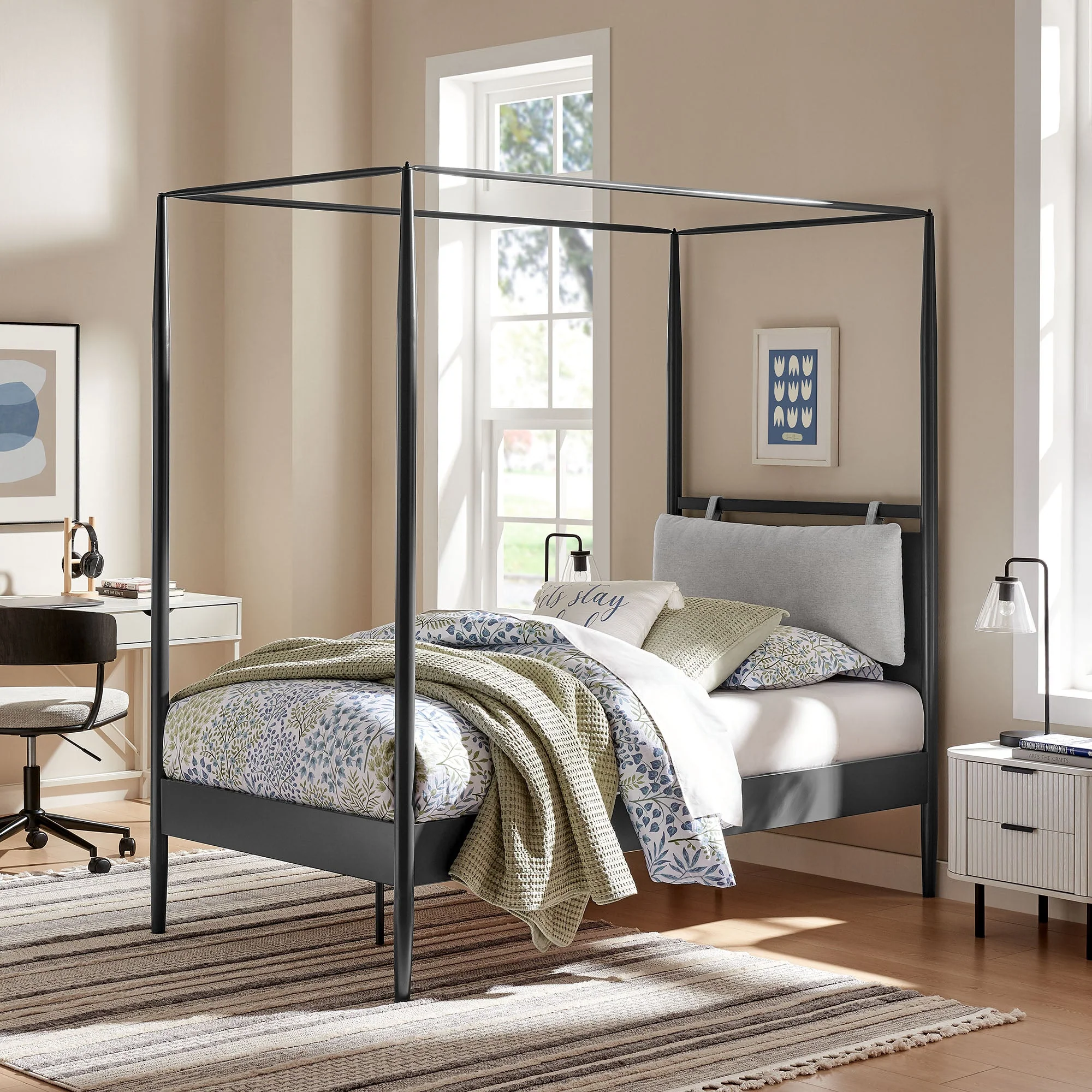 4-Poster Canopy Metal Platform Bed with Adjustable Cushioned Headboard - Image 6