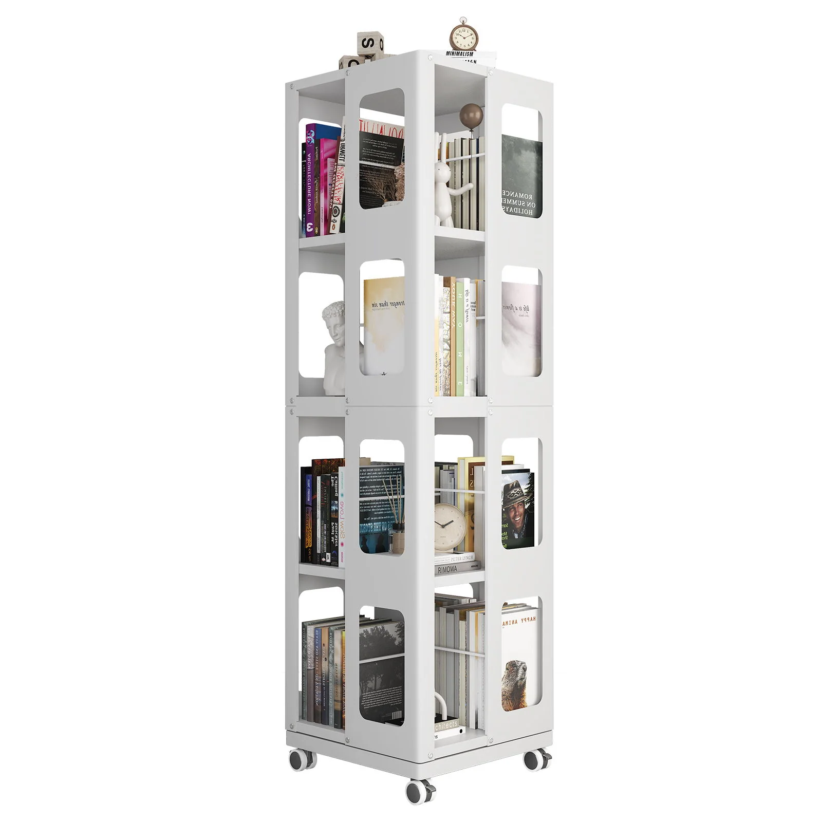 4 Tier All Steel Rotating Bookshelf With 360° Wheels, Large Size Sturdy & Spacious Book Rack, New Style Bookshelf - White - Image 8