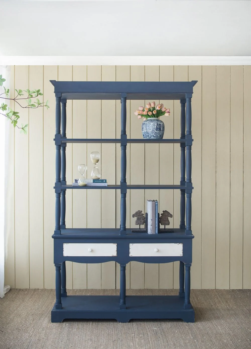 4 Tiered Wooden Shelf With Two Drawers, Farmhouse Wood Bookcase Display Storage Shelf Etageres - Antique Navy Blue