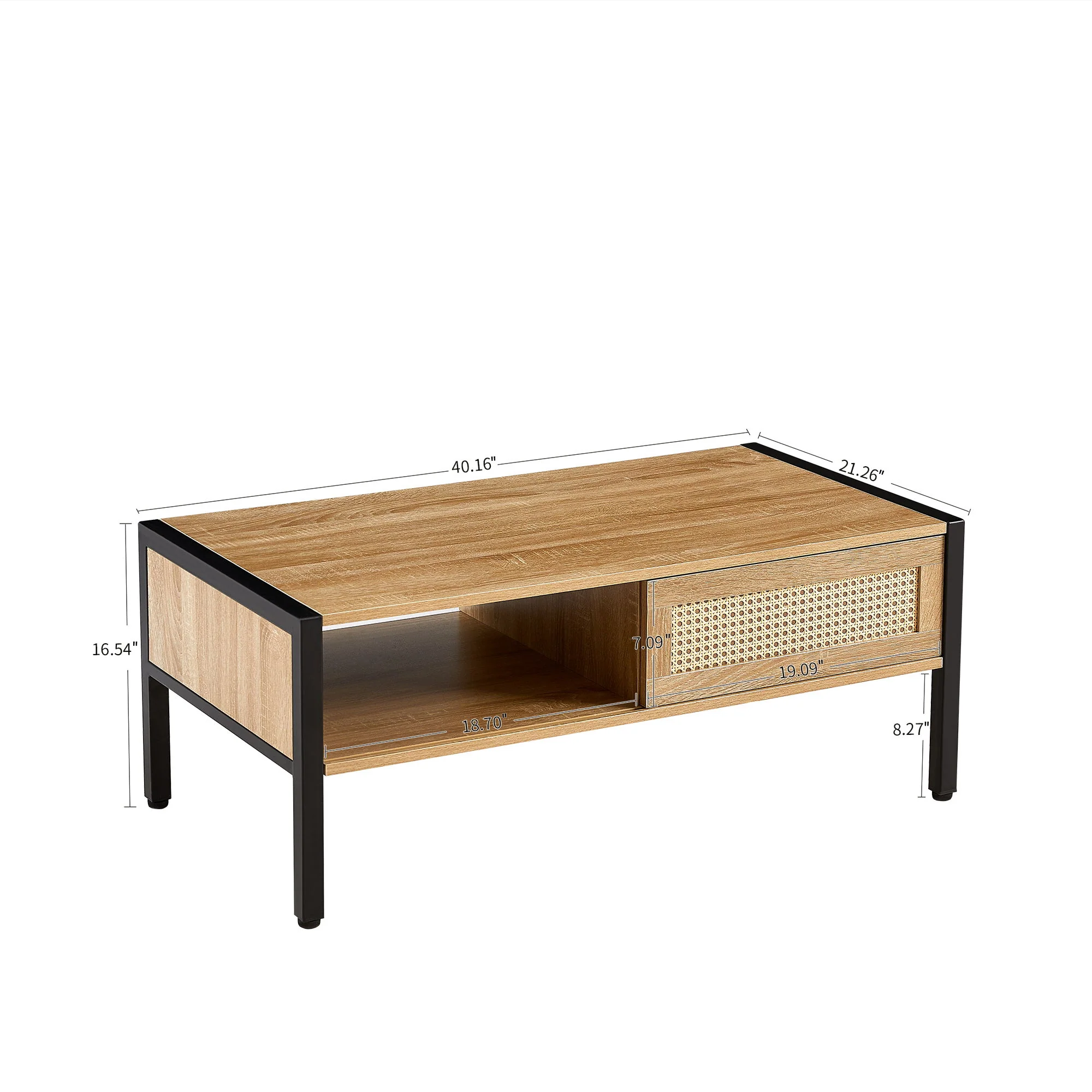 40.16" Rattan Coffee Table, Sliding Door For Storage, Metal Legs, Modern Table For Living Room - Image 3