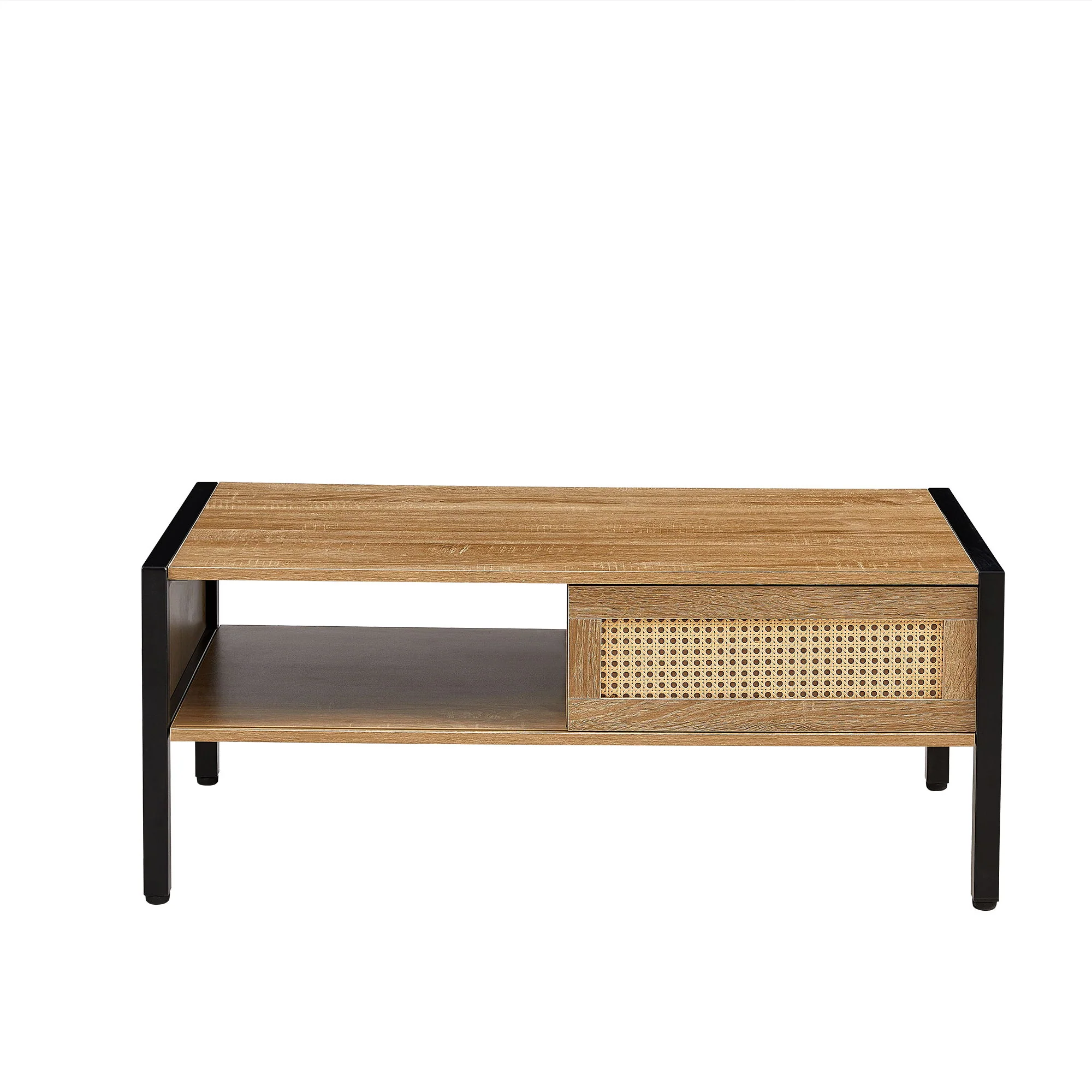40.16" Rattan Coffee Table, Sliding Door For Storage, Metal Legs, Modern Table For Living Room - Image 4