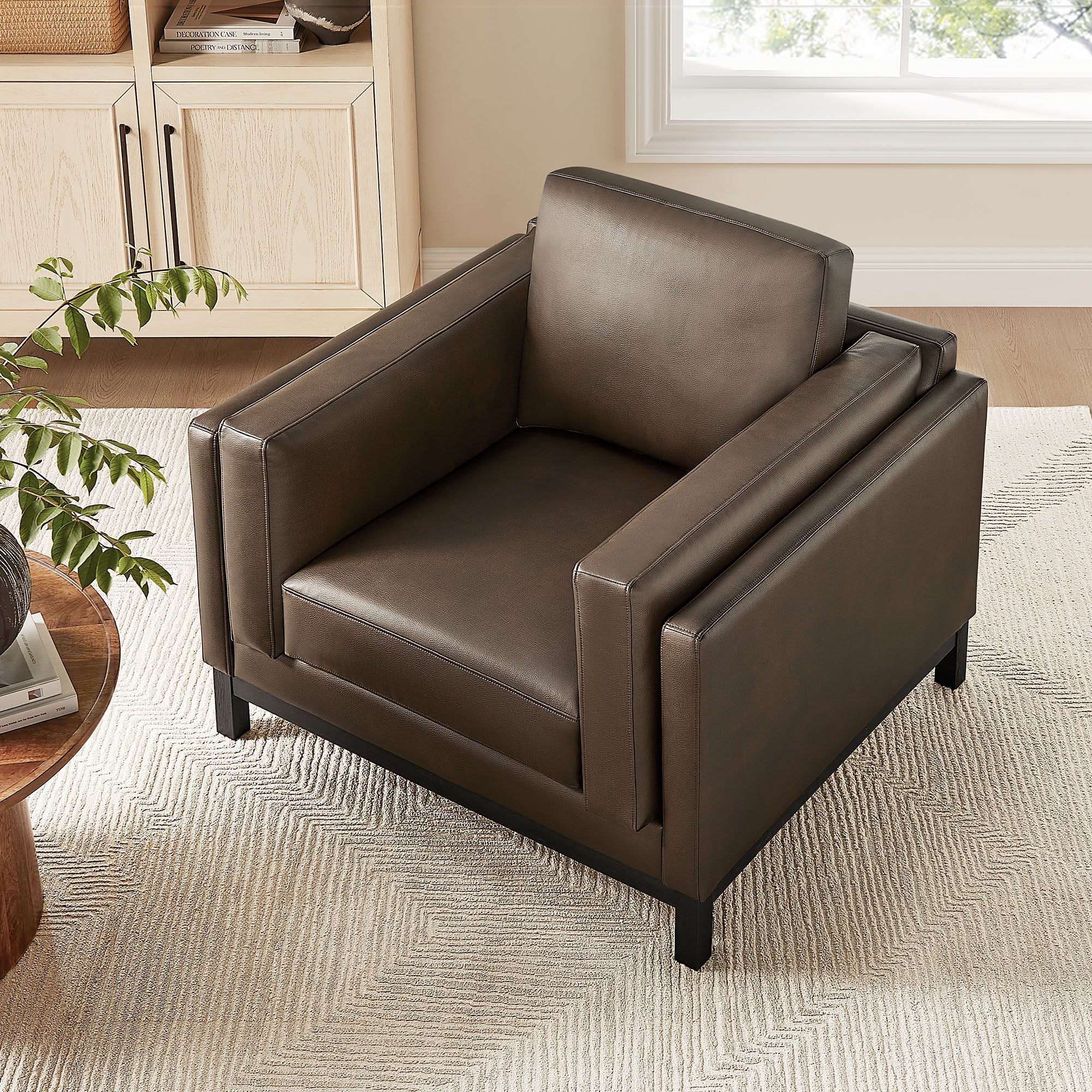 40 Inch Vegan Leather Armchair with Weathered Wood Frame - Image 11