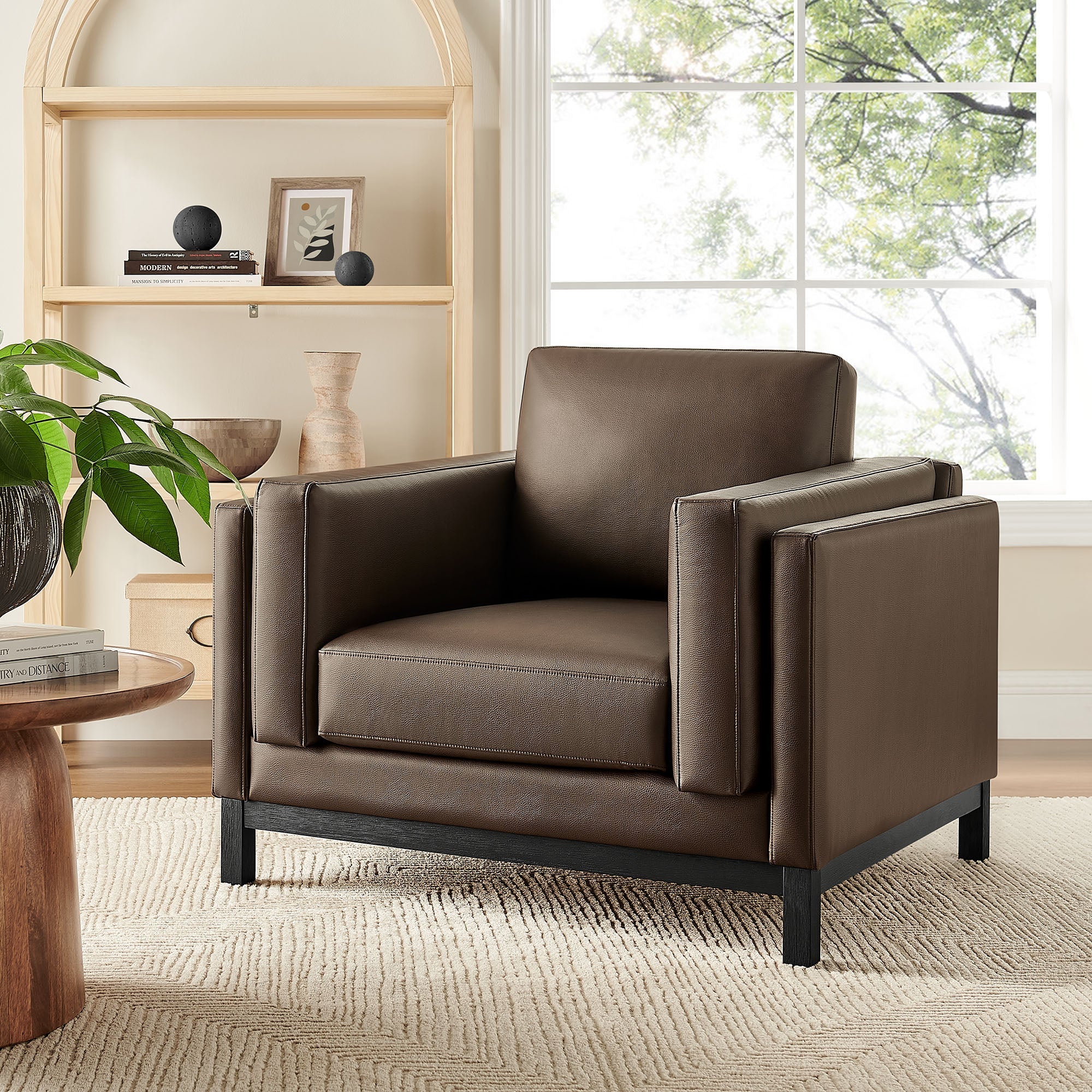 40 Inch Vegan Leather Armchair with Weathered Wood Frame - Image 14