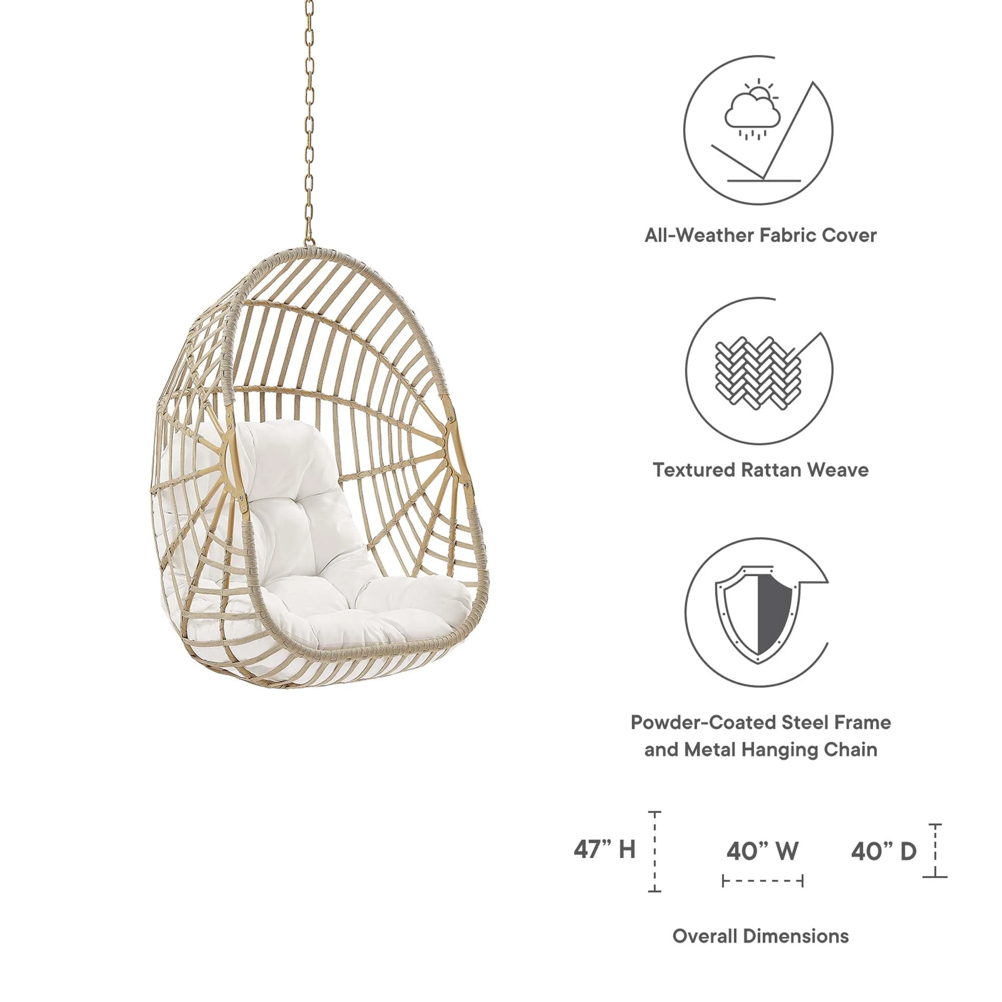 40" Natural and White Wicker Rattan Outdoor Swing Chair Without Stand - Image 2