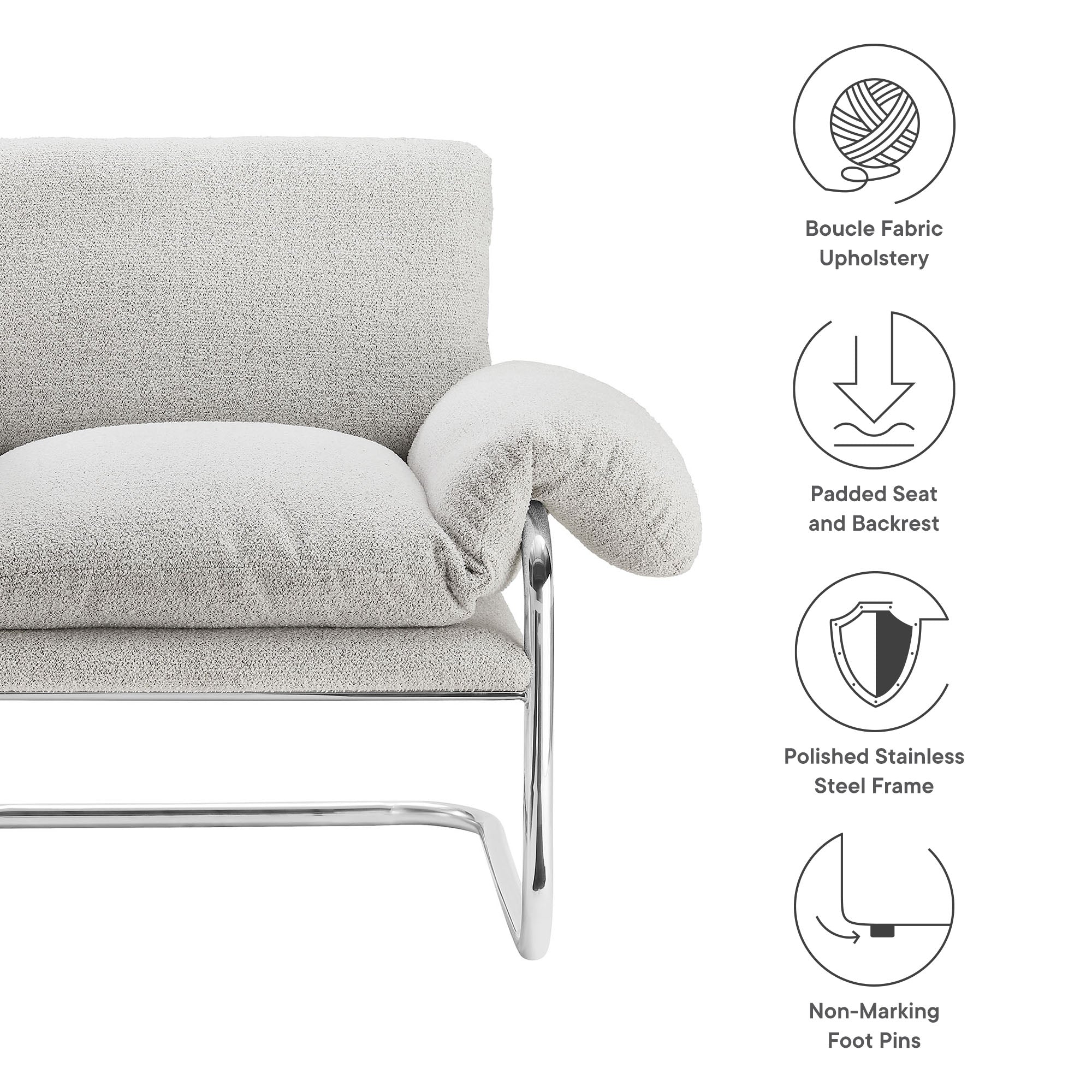 41 Inch Boucle Fabric Accent Chair with Stainless Steel Cantilever Frame - Image 2
