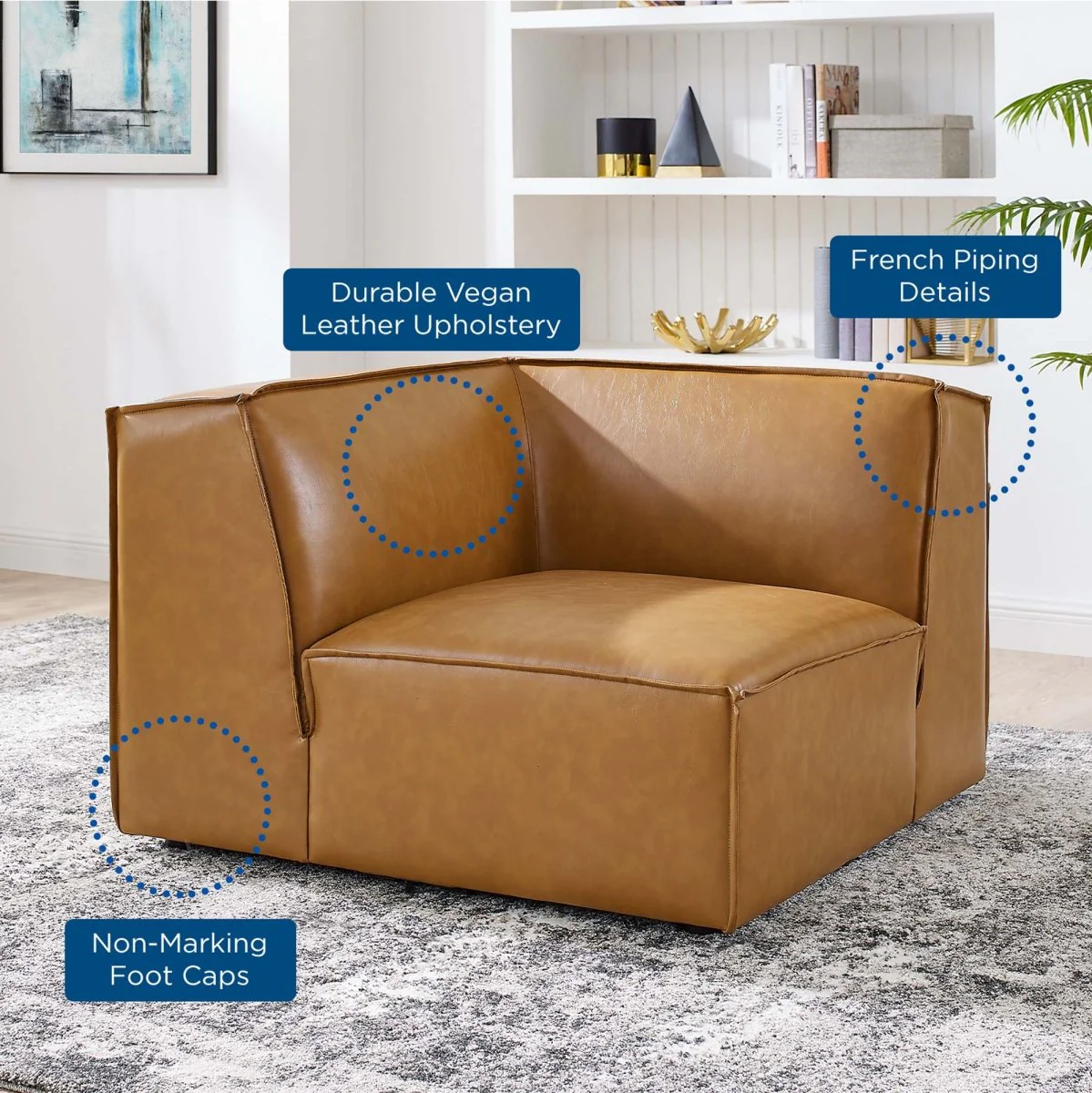 41 Inch Vegan Leather Corner Sectional Chair in Tan - Image 3