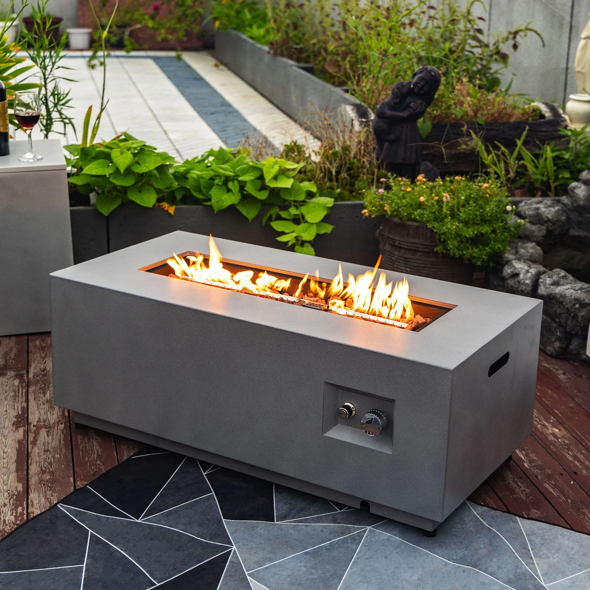 Propane Gas Fire Pit Table, 50000 Btu Rectangular With Glass Wind Guard For Outside - Gray - Image 9