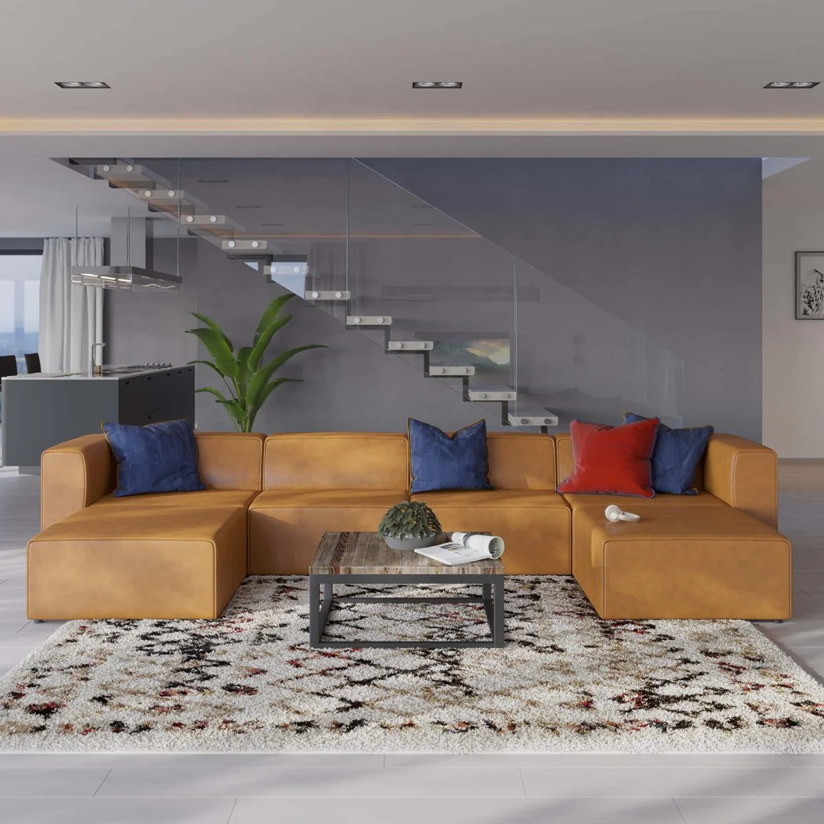 43.5 Inch Vegan Leather 4-Piece Sofa and 2 Ottomans Set in Tan - Image 8