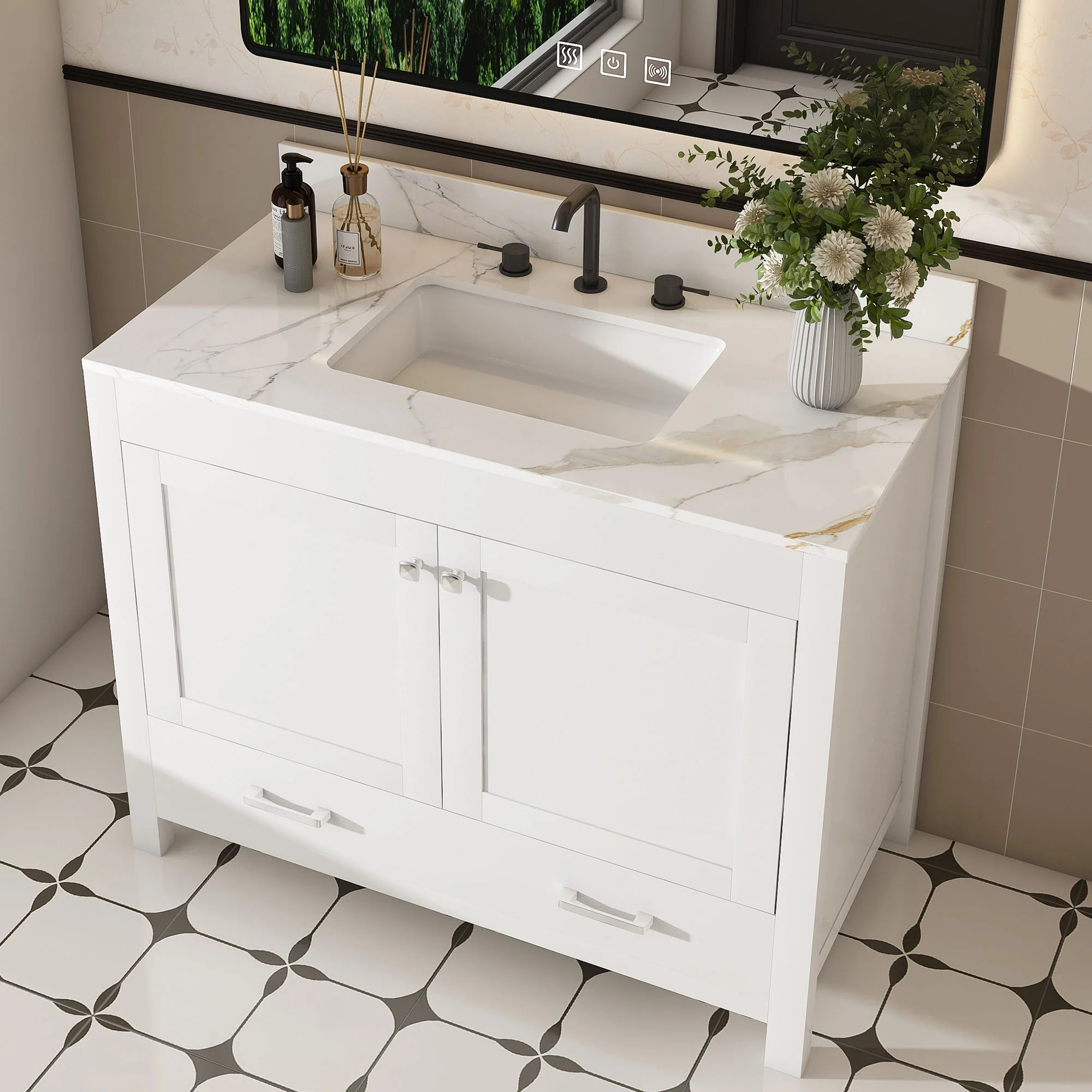 43" Bathroom Vanity, Multi Functional Cabinet With Doors And Drawer - White - Image 2