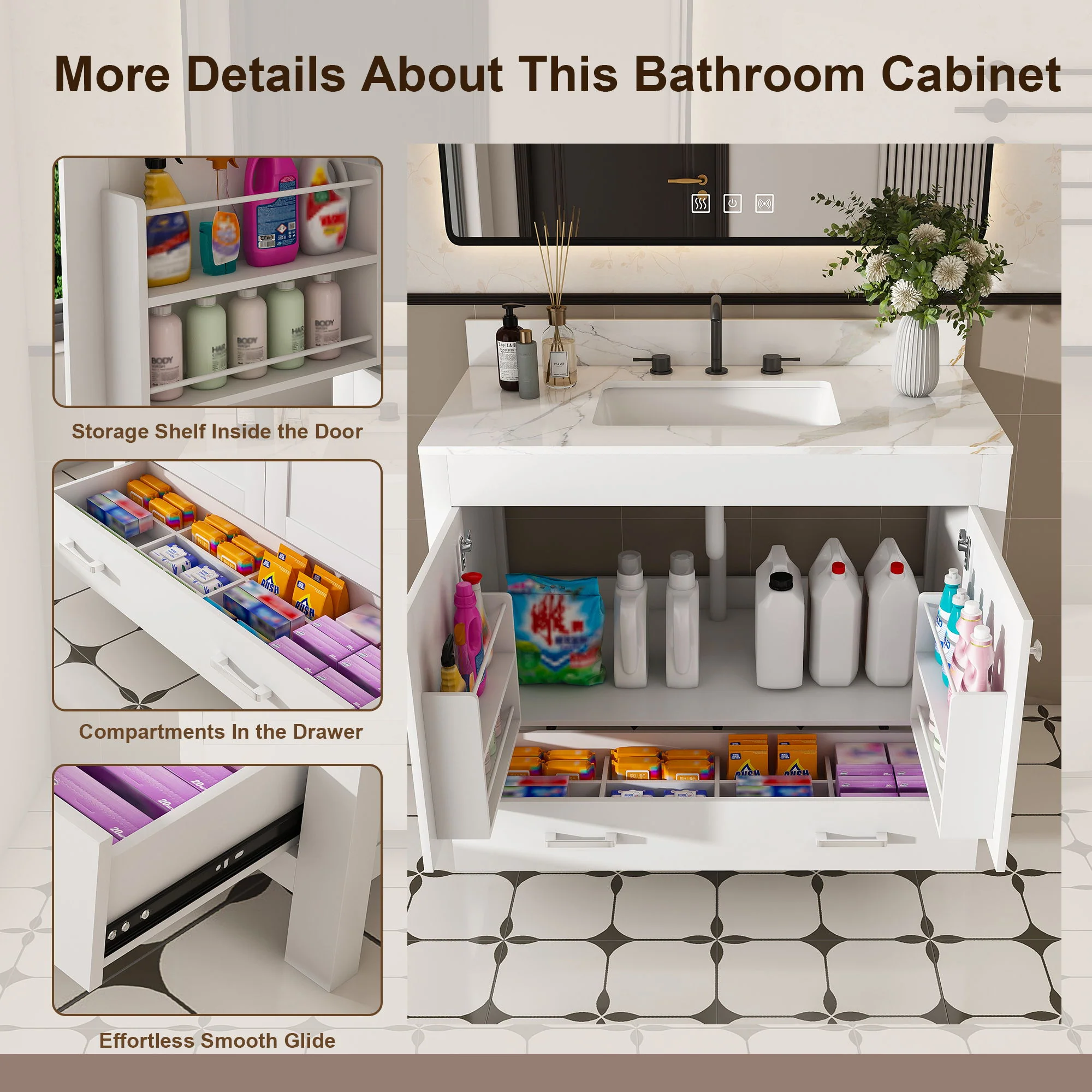 43" Bathroom Vanity, Multi Functional Cabinet With Doors And Drawer - White - Image 6
